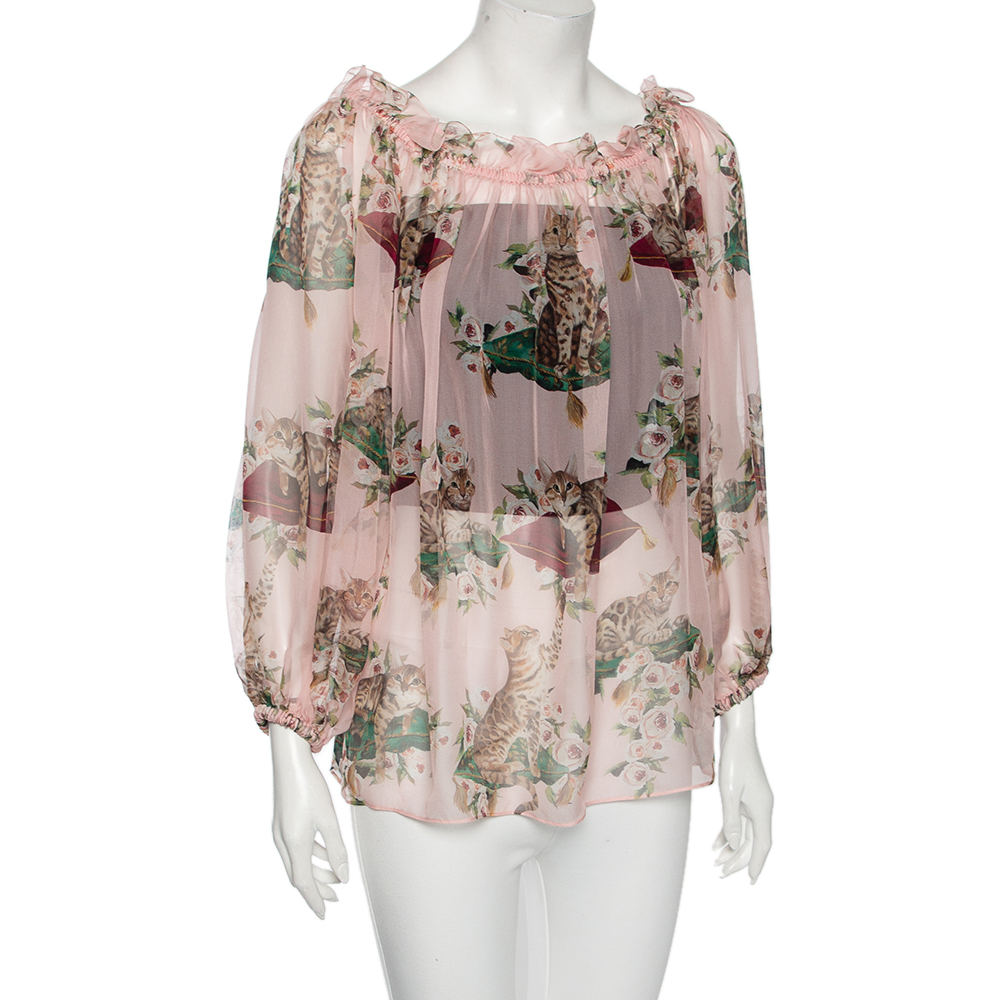 

Dolce & Gabbana Pink Cat Print Silk Ruffle Detailed Off-Shoulder Blouse