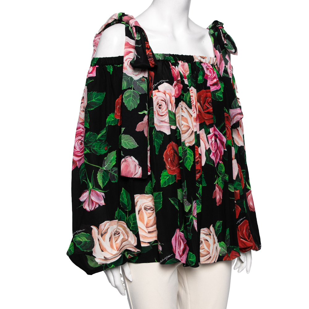 

Dolce & Gabbana Black Floral Print Silk Off Shoulder Top, Multicolor
