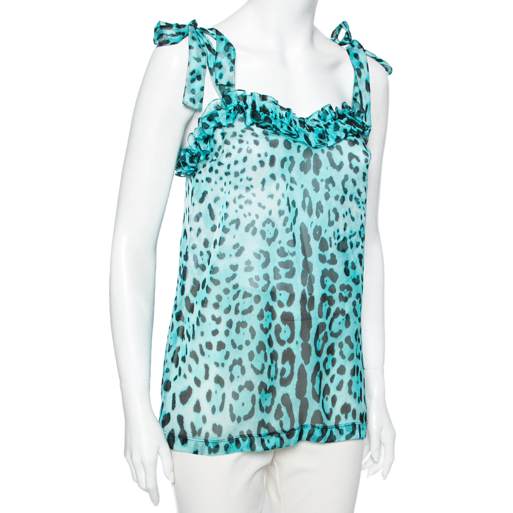 

Dolce & Gabbana Blue Animal Printed Silk Ruffle Detail Sleeveless Top
