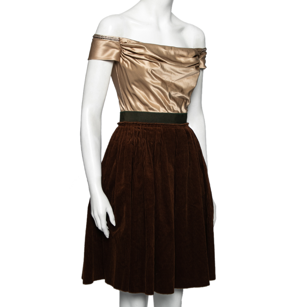 

D&G Beige & Brown Silk & Corduroy Off Shoulder Corset Pleated Dress