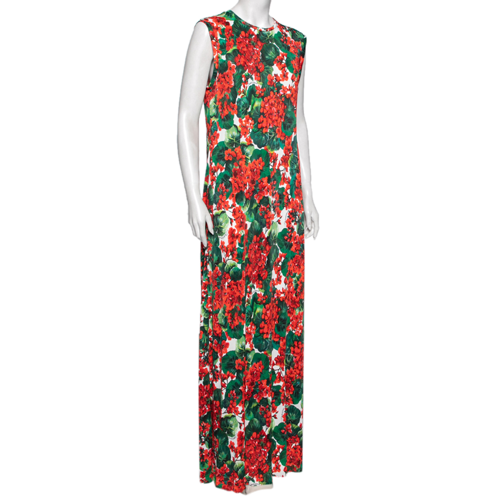 

Dolce & Gabbana Red & Green Floral Printed Jersey Maxi Dress