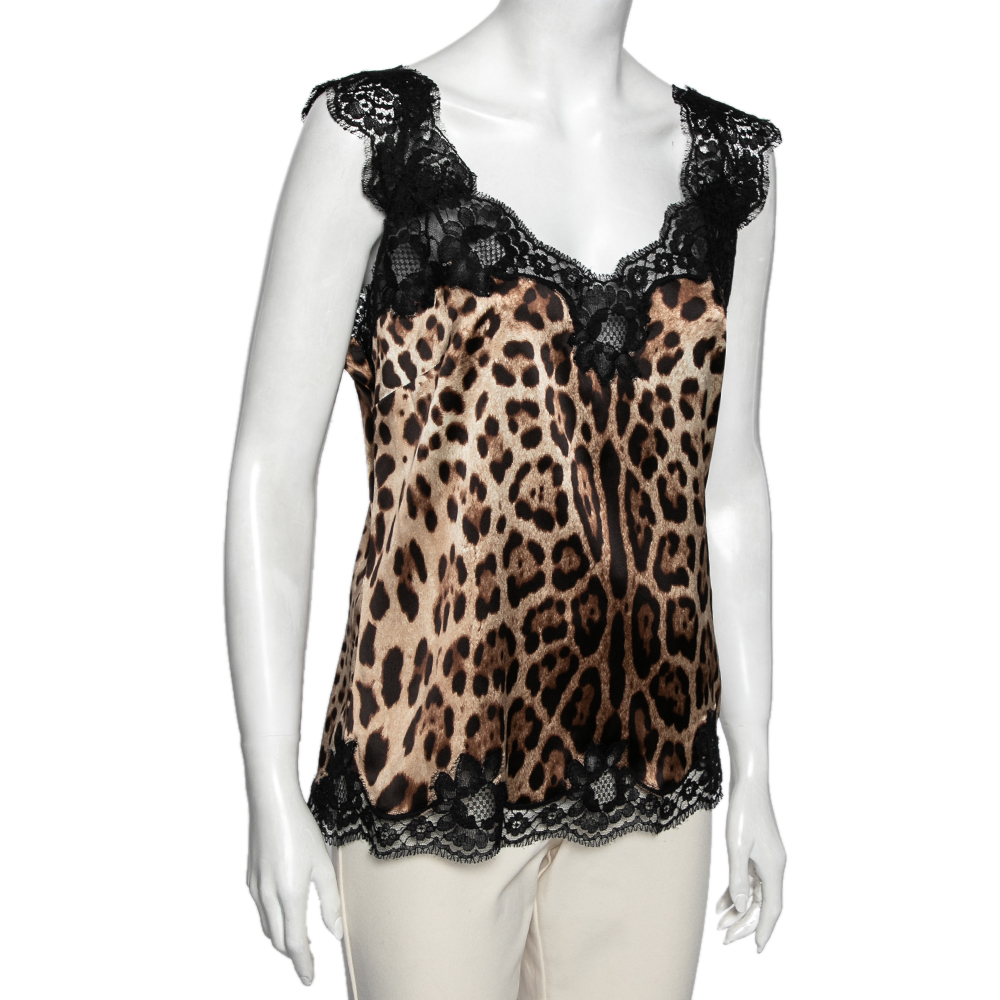 

Dolce & Gabbana Black and Brown Leopard Print Silk Lace Trim Top