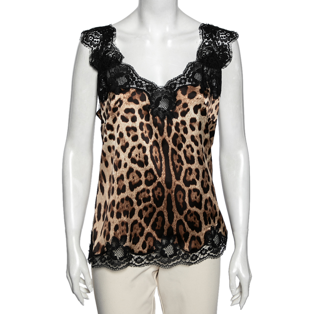 

Dolce & Gabbana Black and Brown Leopard Print Silk Lace Trim Top XL