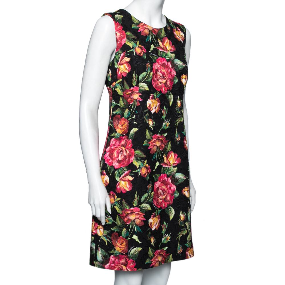 

Dolce & Gabbana Black Floral Printed Jacquard Sleeveless Sheath Dress