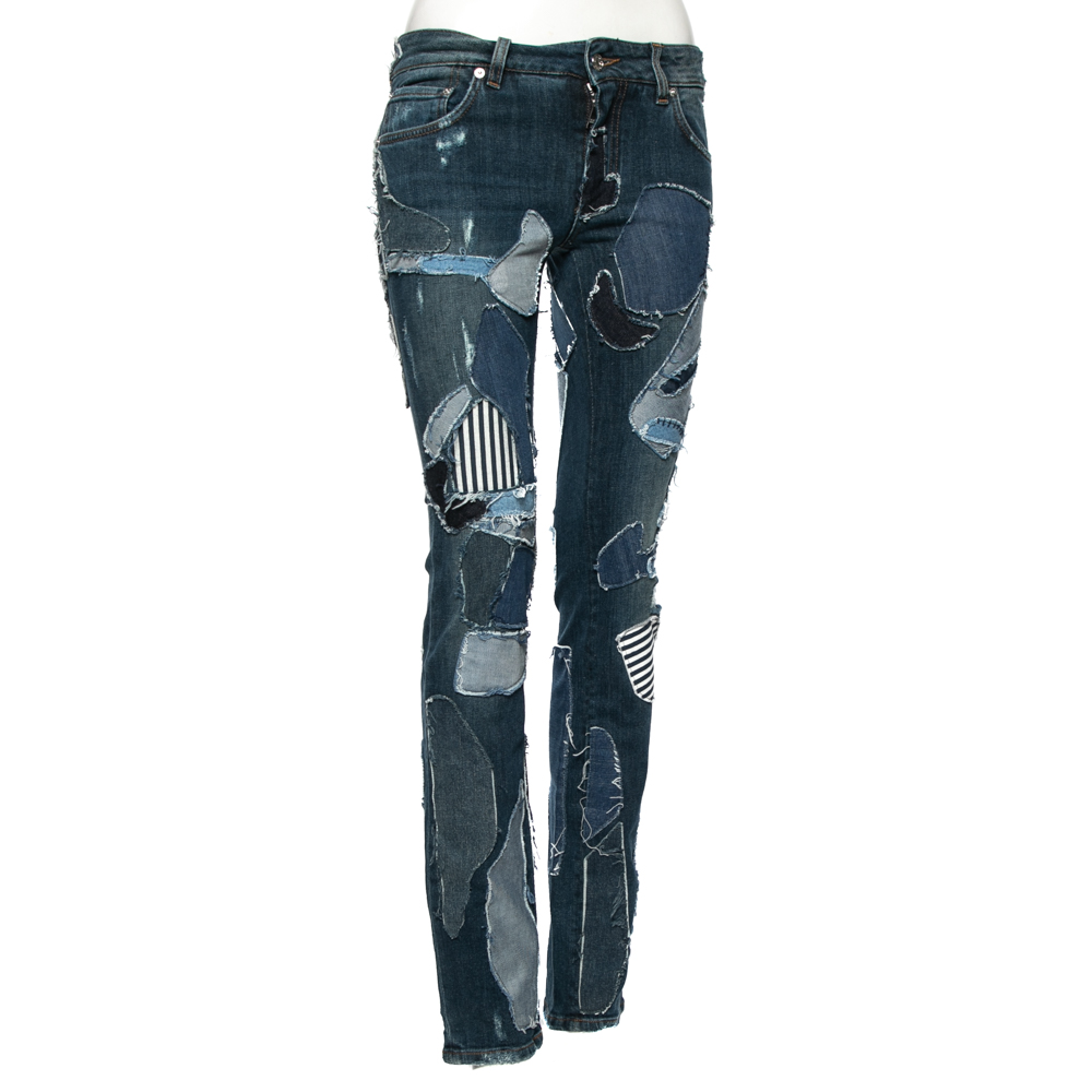 

Dolce & Gabbana Blue Distressed Denim Patchwork Detail Skinny Jeans