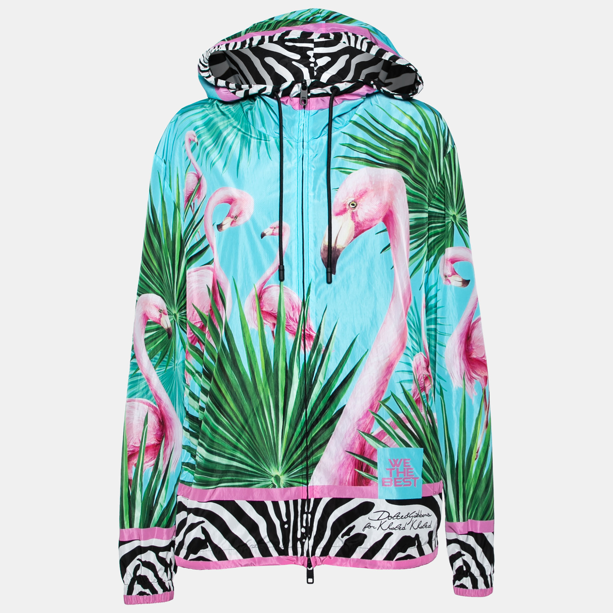 

Dolce & Gabbana Blue Flamingo Printed Synthetic Hooded Jacket XL