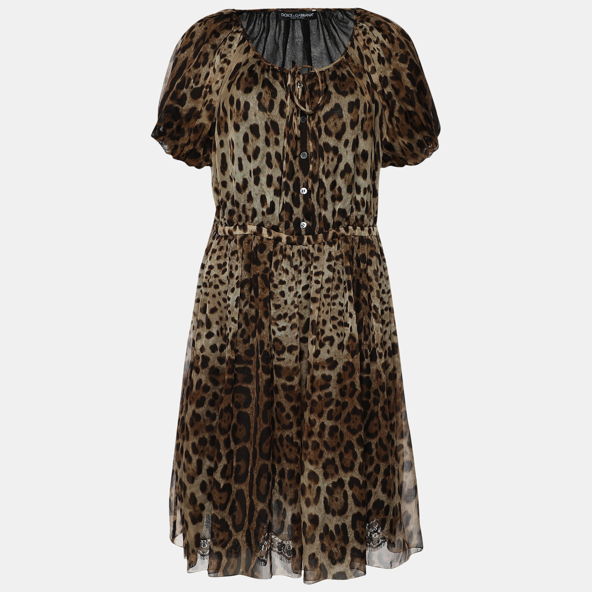 Pre-owned Dolce & Gabbana Brown Leopard Printed Silk Pleated Puffed Sleeve Dress L