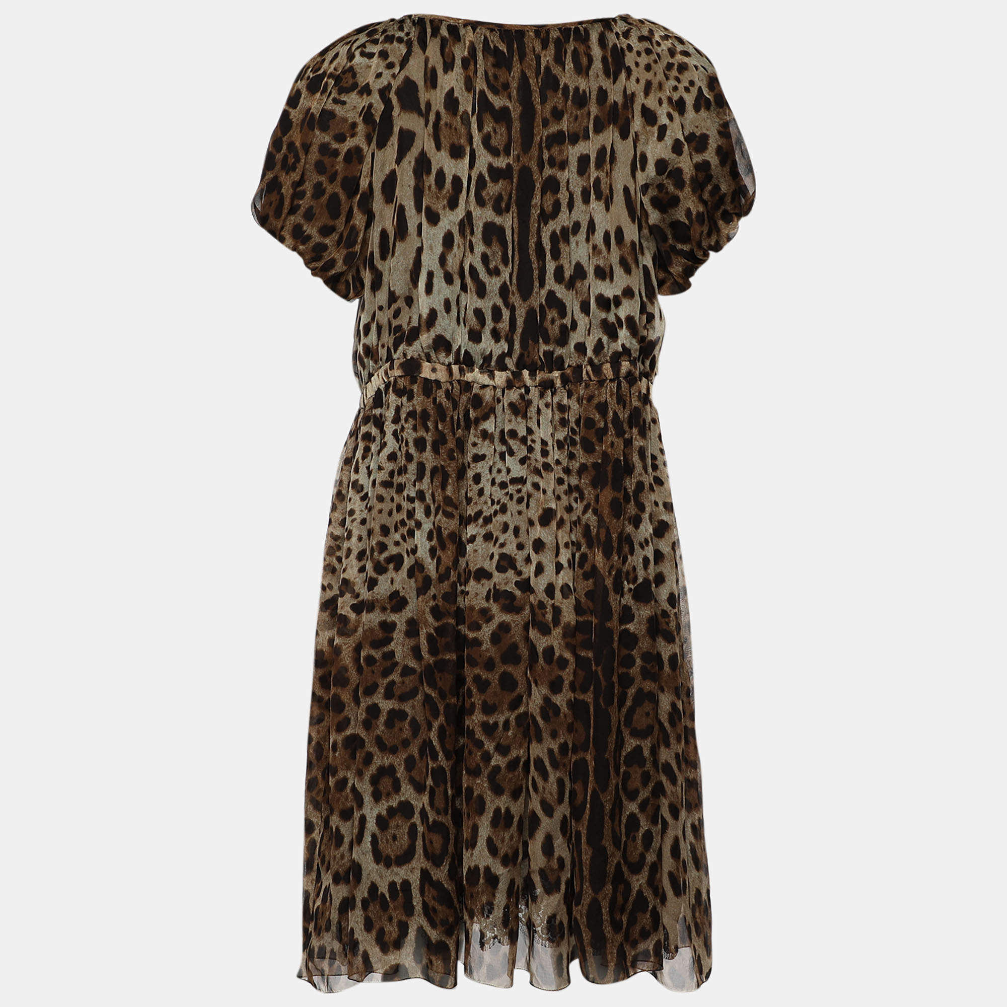 

Dolce & Gabbana Brown Leopard Printed Silk Pleated Puffed Sleeve Dress