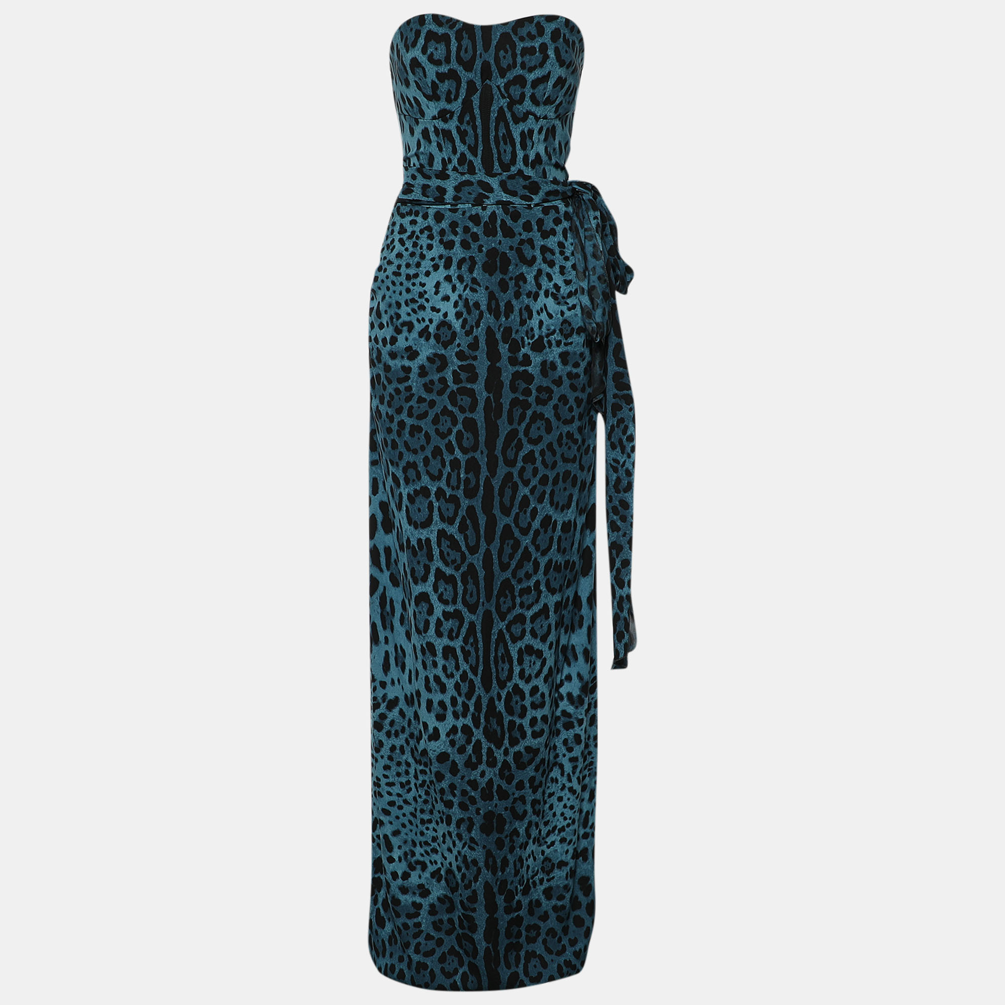 Pre-owned Dolce & Gabbana Blue And Black Leopard Print Strapless Belted Maxi Dress L