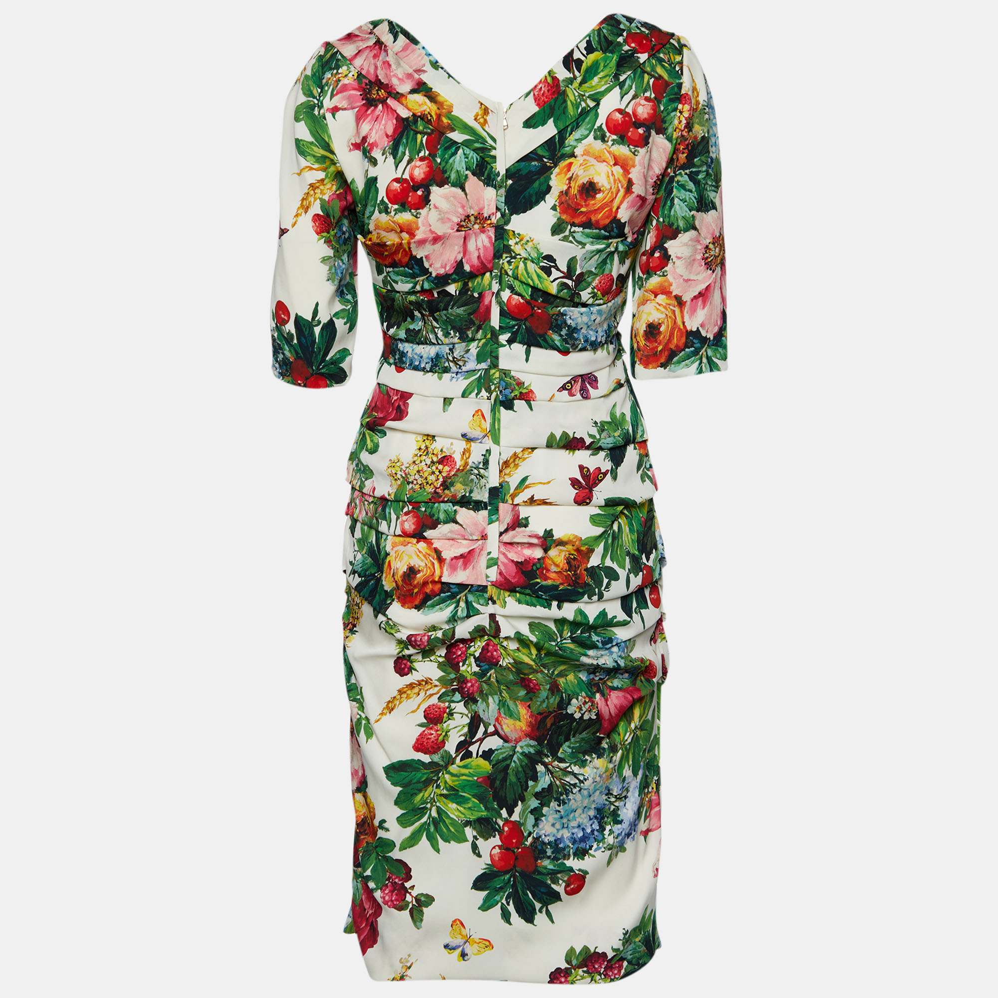 

Dolce & Gabbana White Floral Printed Silk Draped Dress