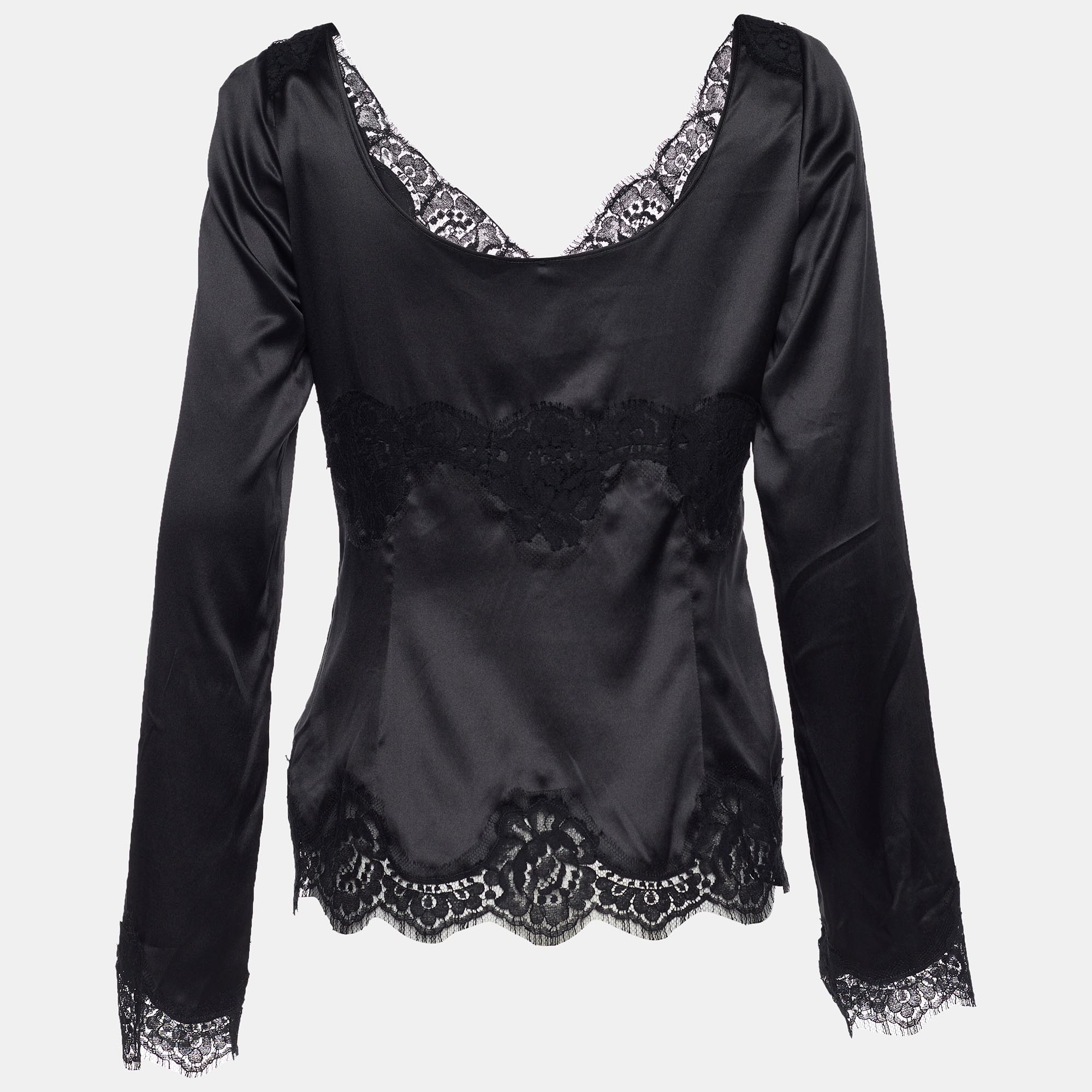 

Dolce & Gabbana Black Silk & Lace Detail Plunge Neck Top
