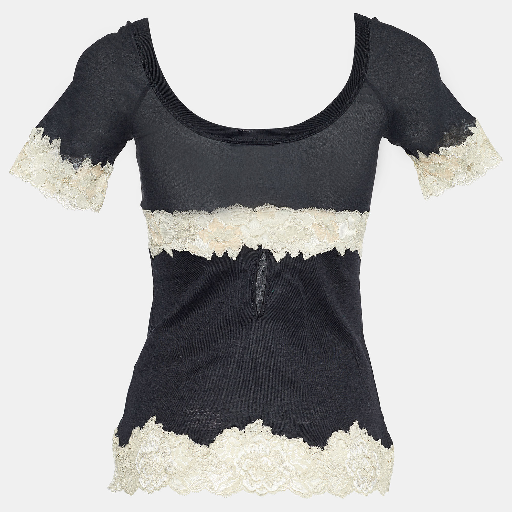 

Dolce & Gabbana Black Stretch Knit Lace Trimmed Short Sleeve Top