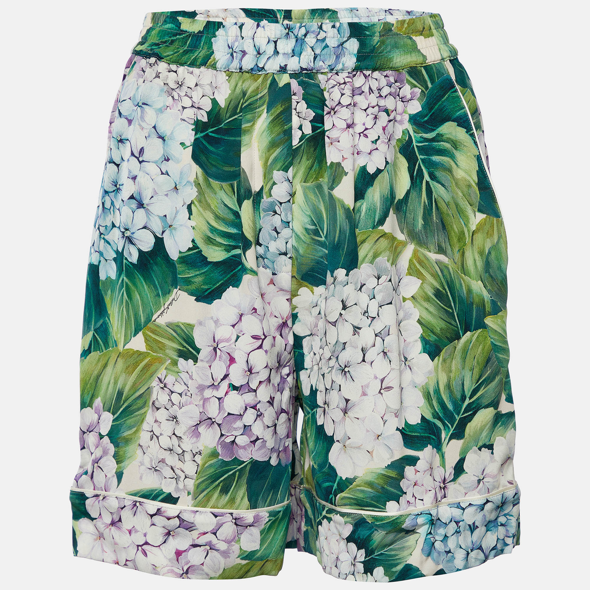 Pre-owned Dolce & Gabbana Green Hydrangea Printed Silk Pajama Shorts S In Multicolor