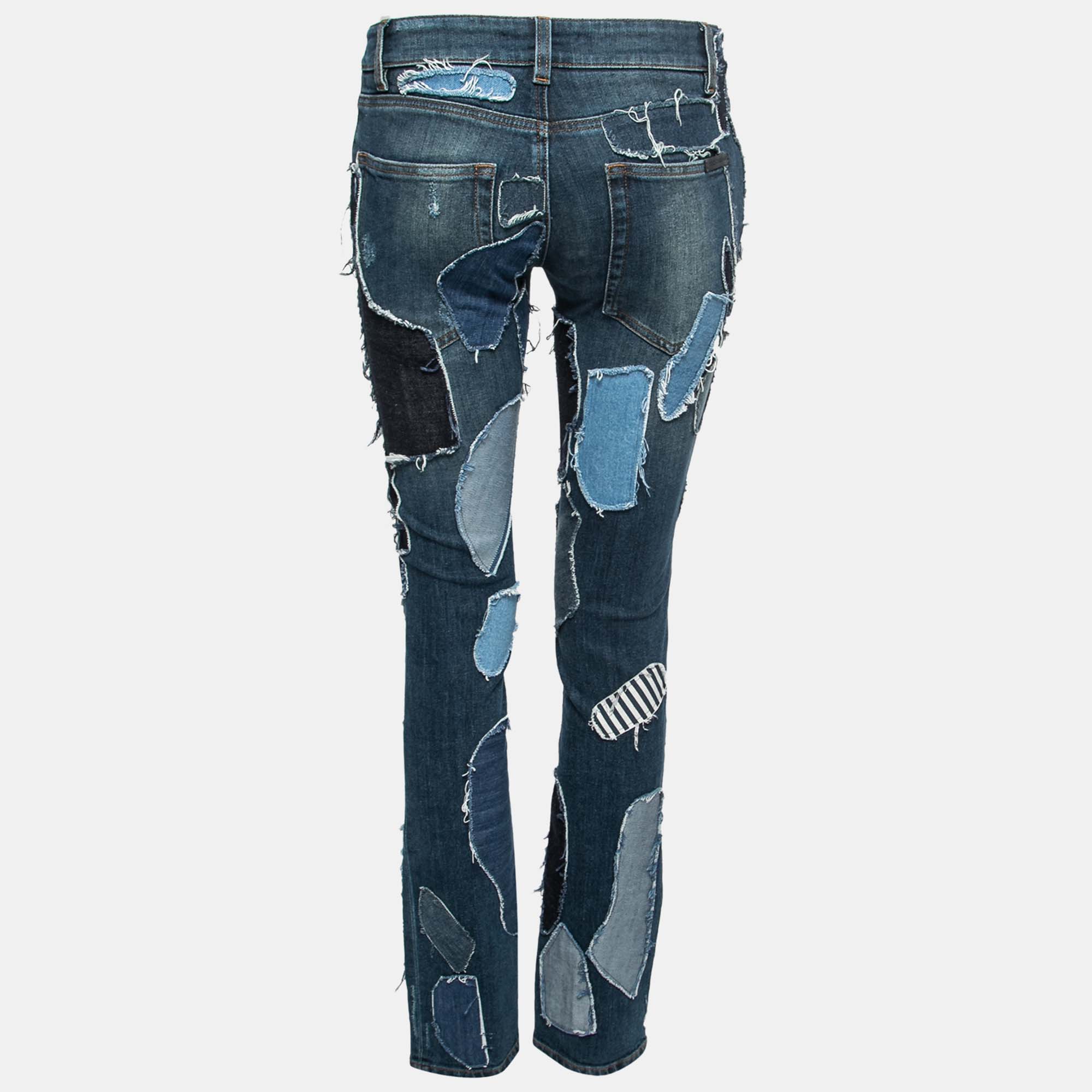 

Dolce & Gabbana Blue Distressed Denim Patchwork Detail Jeans  Waist 27