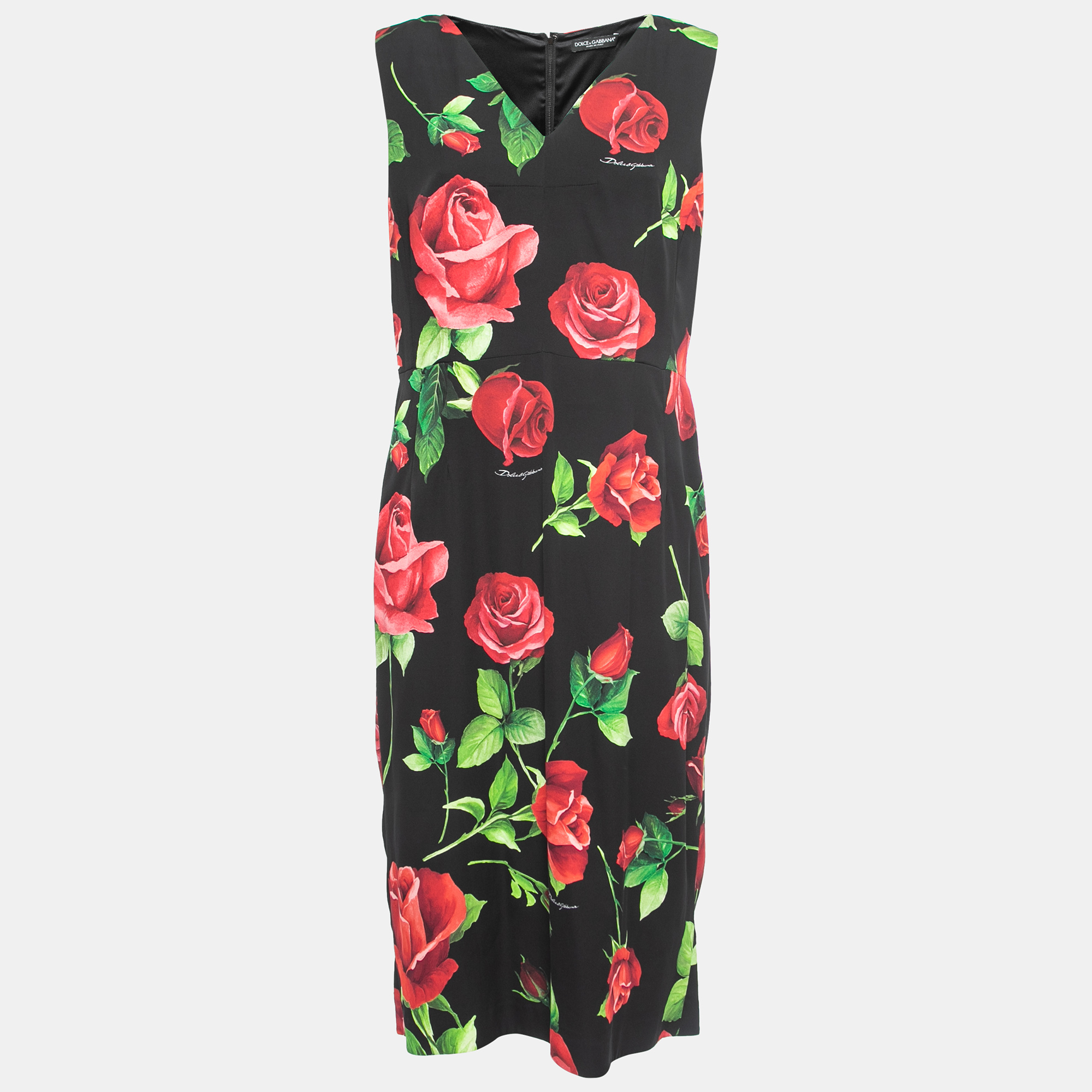 Pre Owned Dolce & Gabbana Black Rose Printed Silk Midi Dress XL