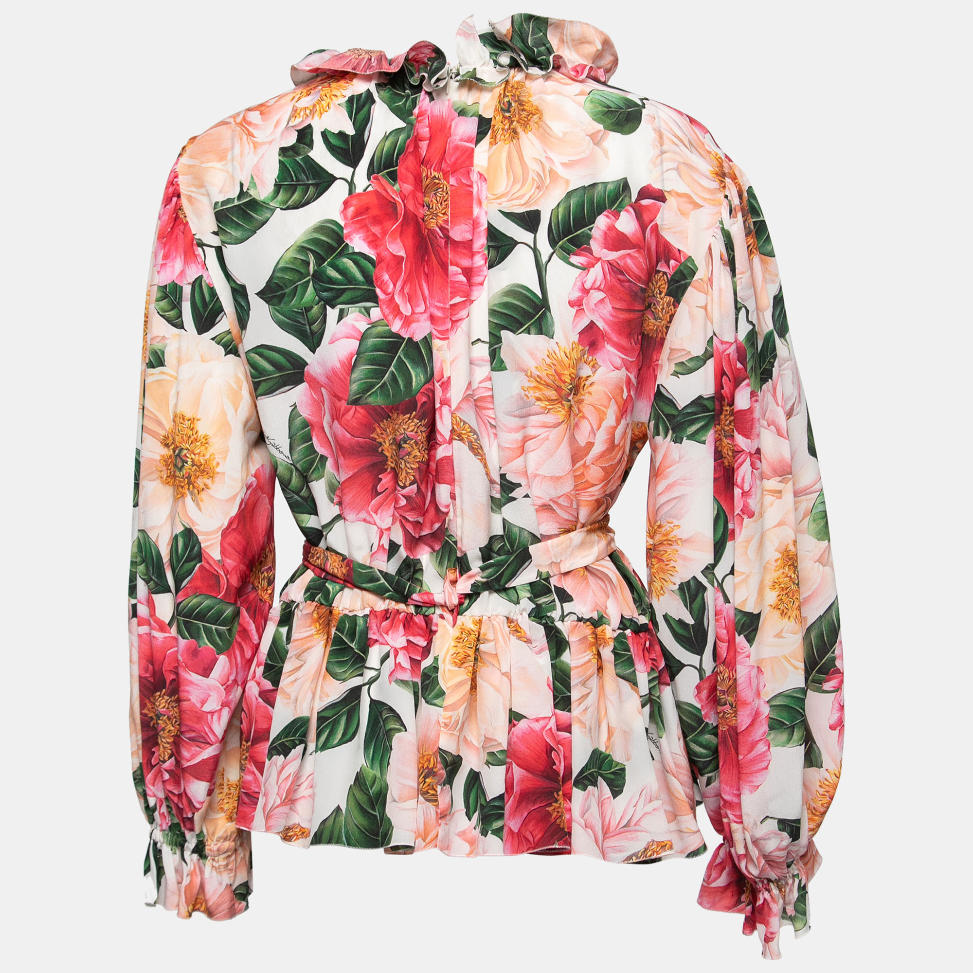 

Dolce & Gabbana Pink Floral Printed Silk Ruffled Blouse