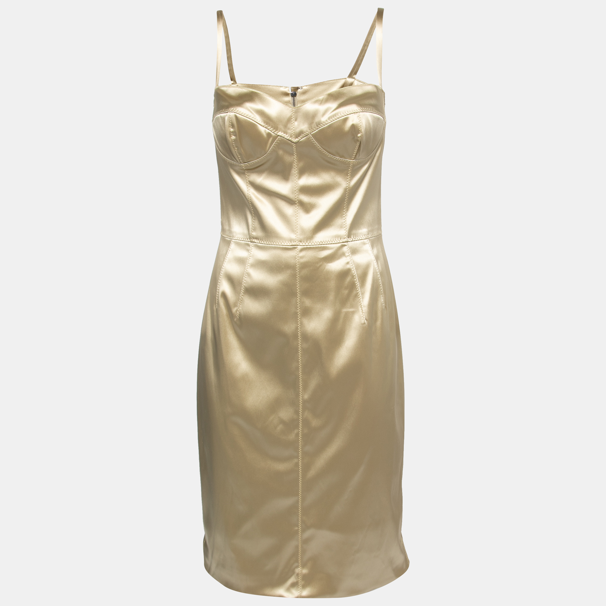 Pre-owned Dolce & Gabbana Champagne Gold Stretch Satin Bustier Bodycon ...