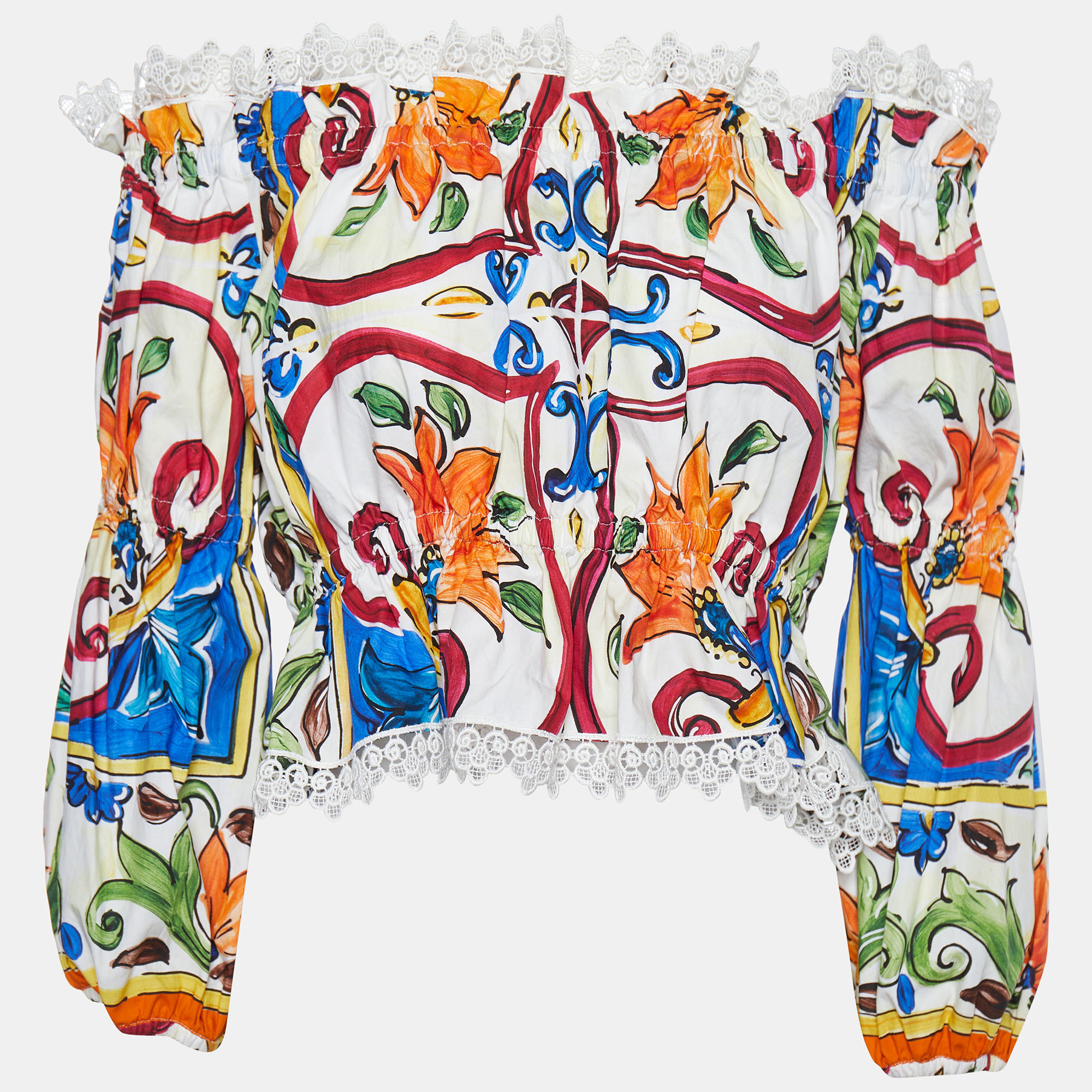 

Dolce & Gabbana Multicolor Majolica Printed Cotton Lace Detail Off Shoulder Top