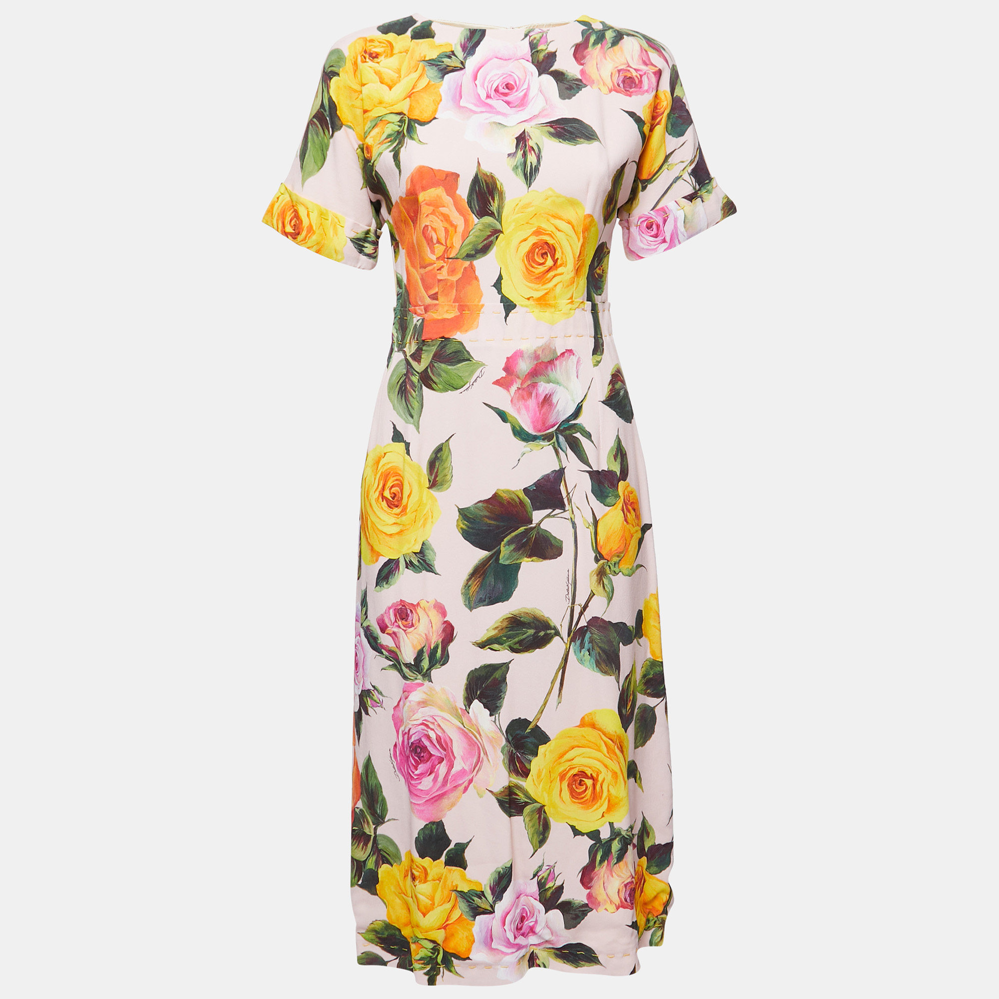 Pink Floral Printed Crepe Midi Dress
