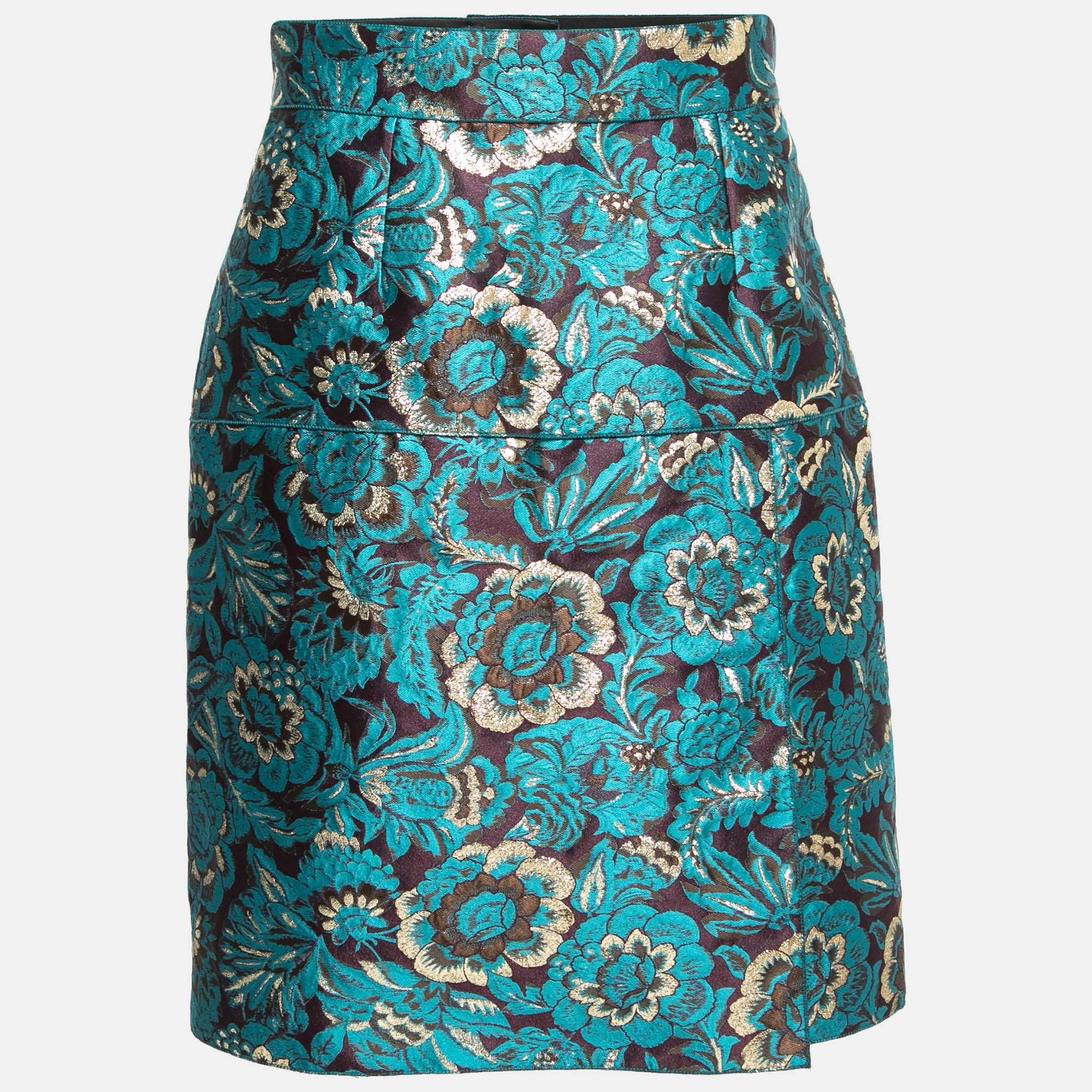 Pre Owned Dolce & Gabbana Blue Floral Jacquard Silk Skirt M