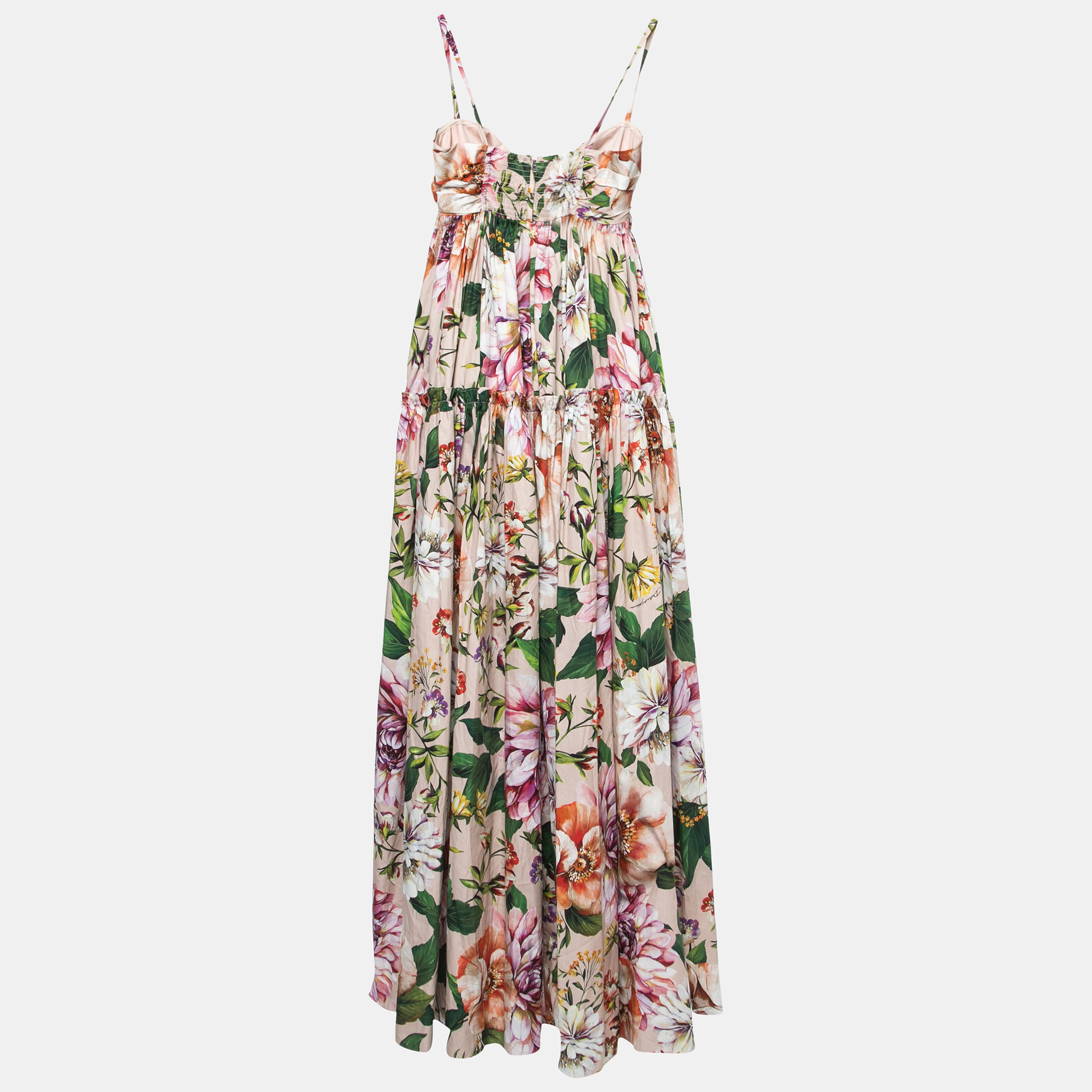 

Dolce & Gabbana Pink Floral Printed Cotton Tie Front Strappy Maxi Dress