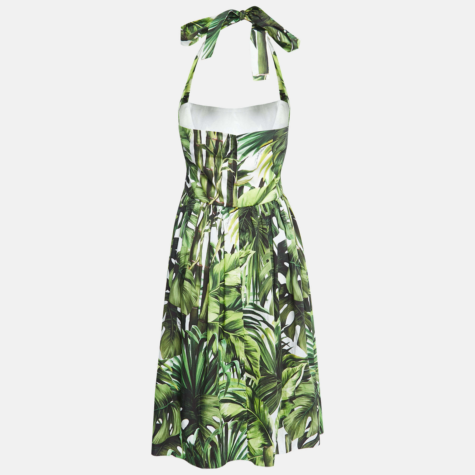 

Dolce & Gabbana Green Leaves Print Cotton Halter Neck Gathered Short Dress