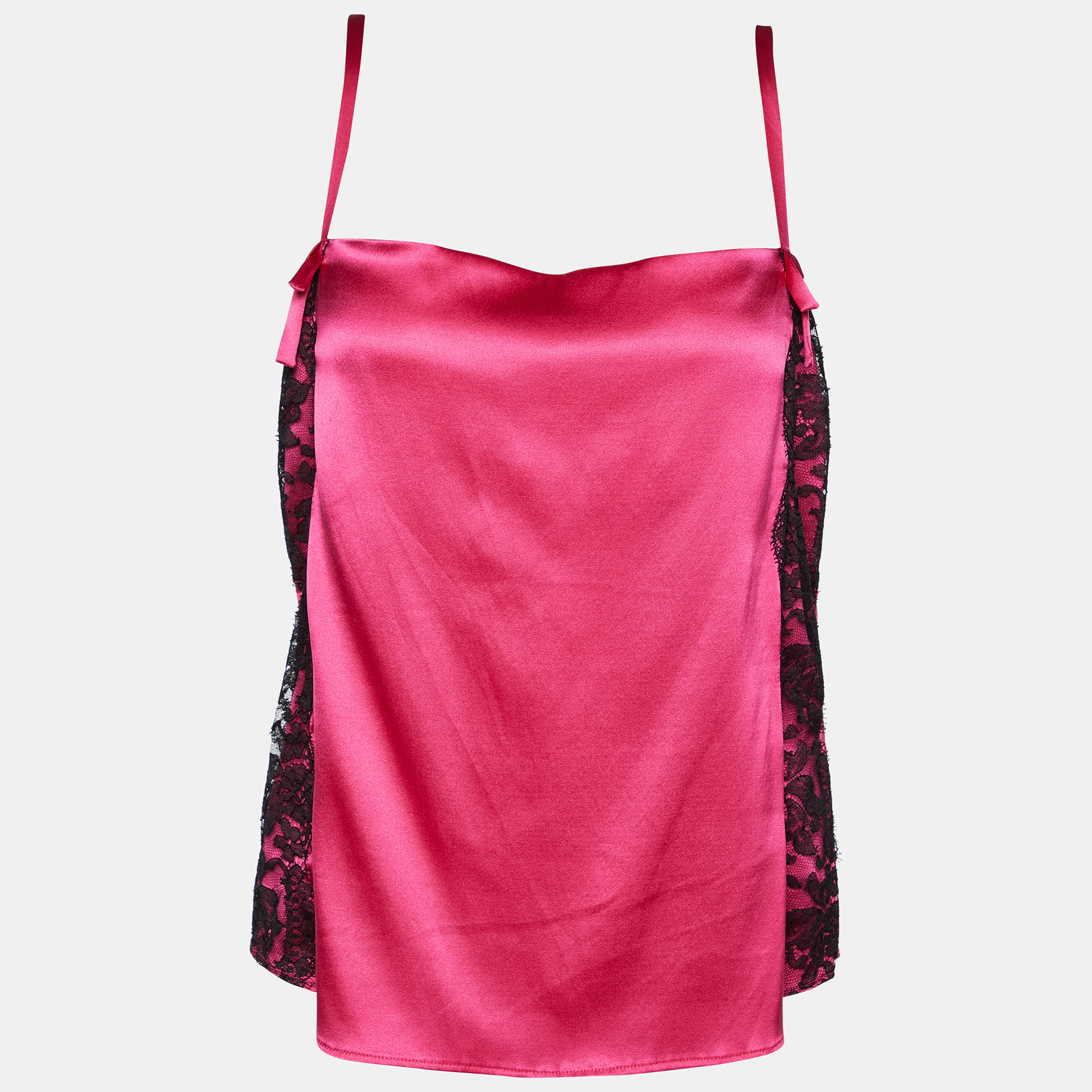 The D and G camisole is an exquisite lingerie piece featuring vibrant fuschia pink silk satin with delicate lace detailing. Its elegant design offers a sensuous and luxurious feel making it a perfect choice for intimate occasions.