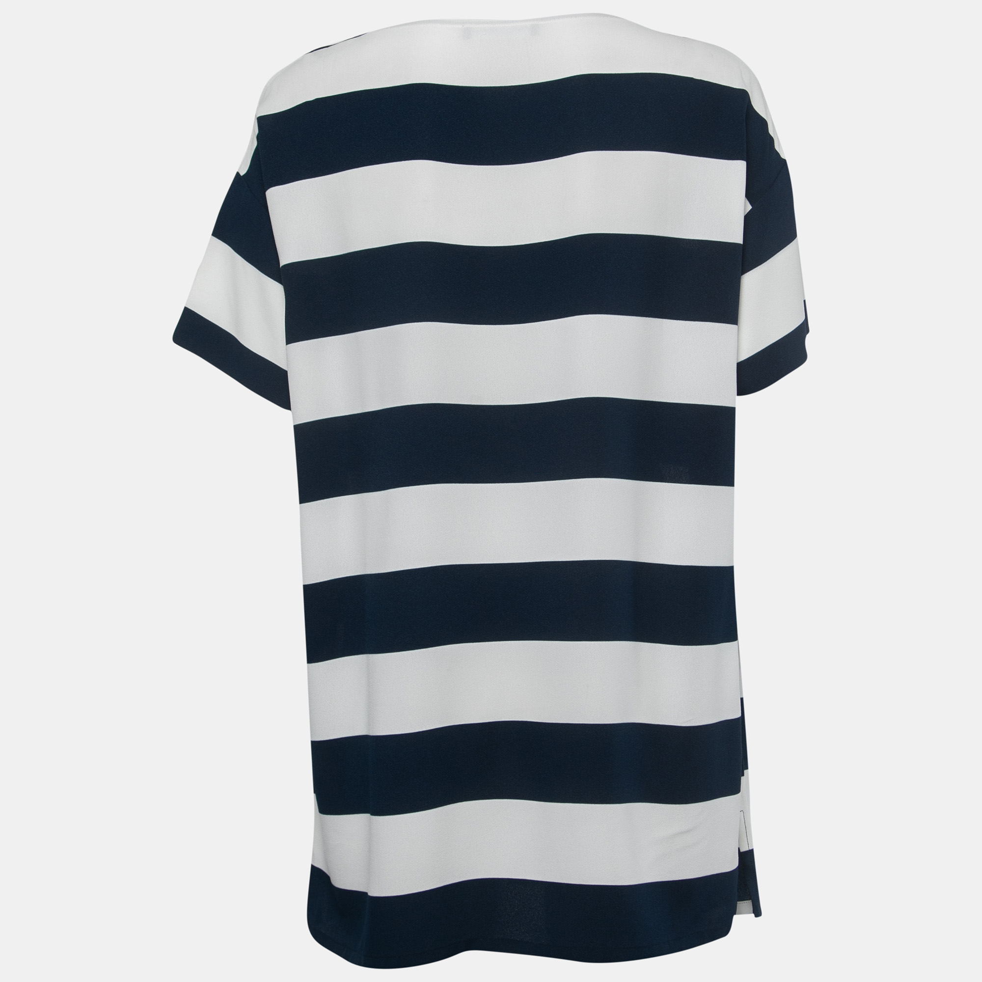 

Dolce & Gabbana Navy Blue Striped Crepe Short Sleeve Tunic Top