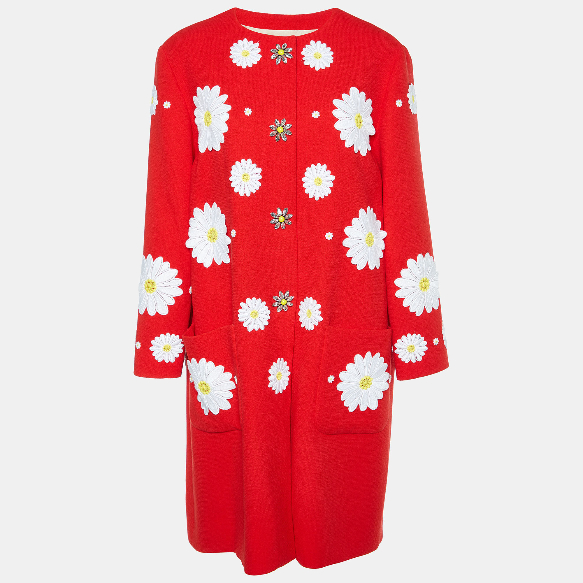 Pre-owned Dolce & Gabbana Red Wool Flower Applique Button Front Coat L