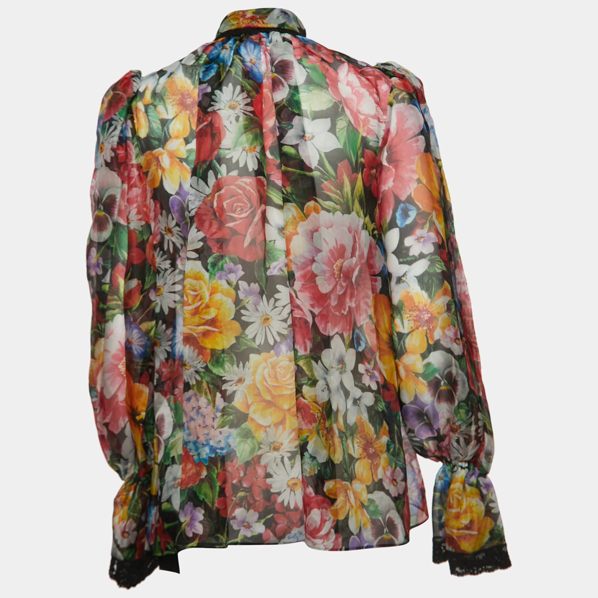 

Dolce & Gabbana Multicolor Floral Print Organza Tie-Neck Shirt