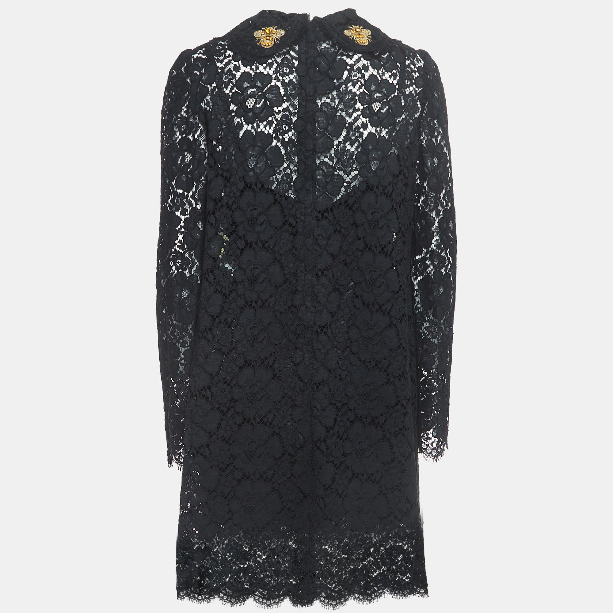 

Dolce & Gabbana Black Floral Lace Bee Embellished Detail Mini Dress
