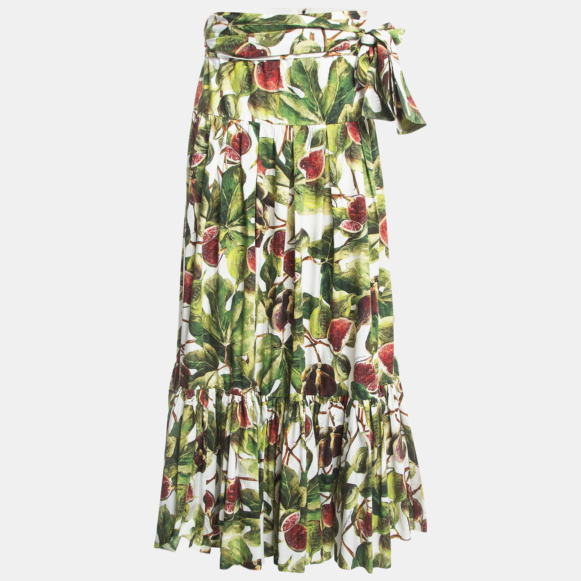 Pre-owned Dolce & Gabbana Green Fig Print Cotton Pleated Detail A-line Skirt M