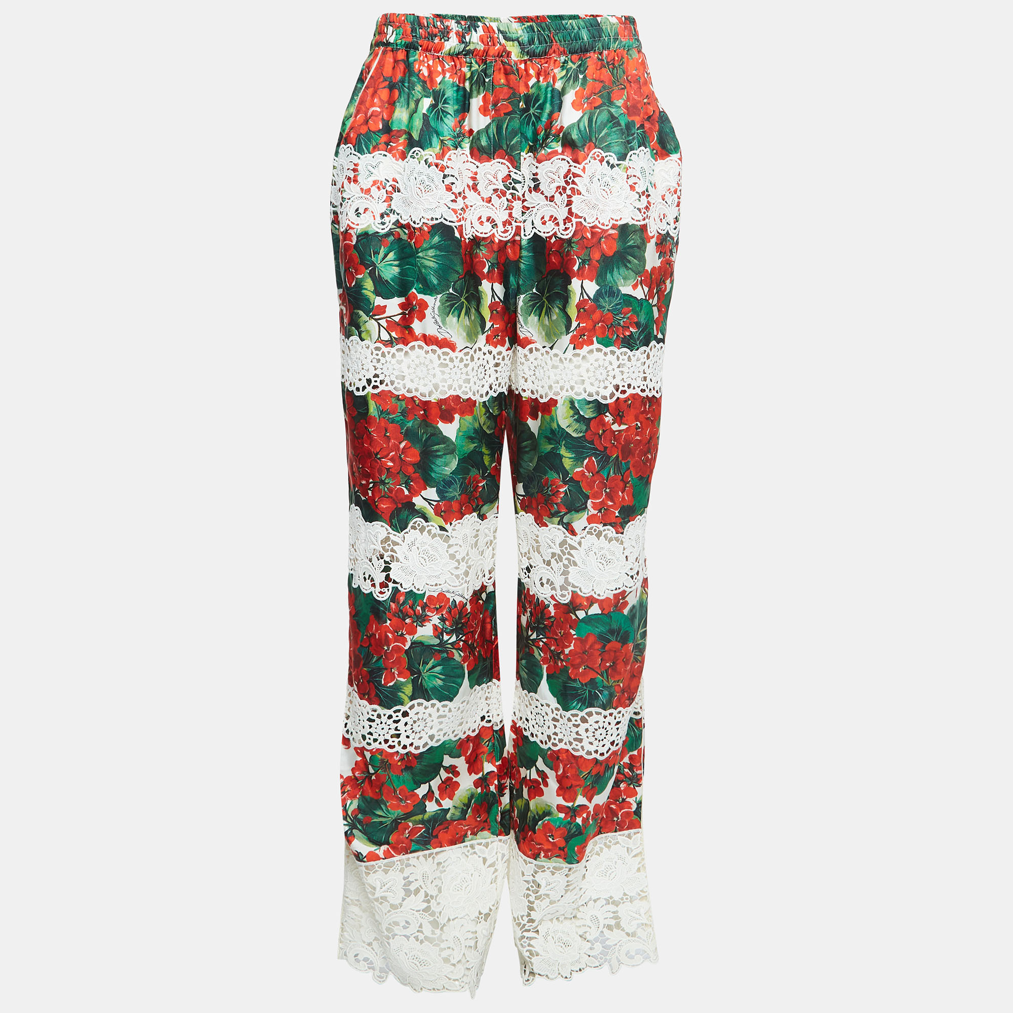 

Dolce & Gabbana White/Red Floral Print Lace Trim Silk Twill Trousers