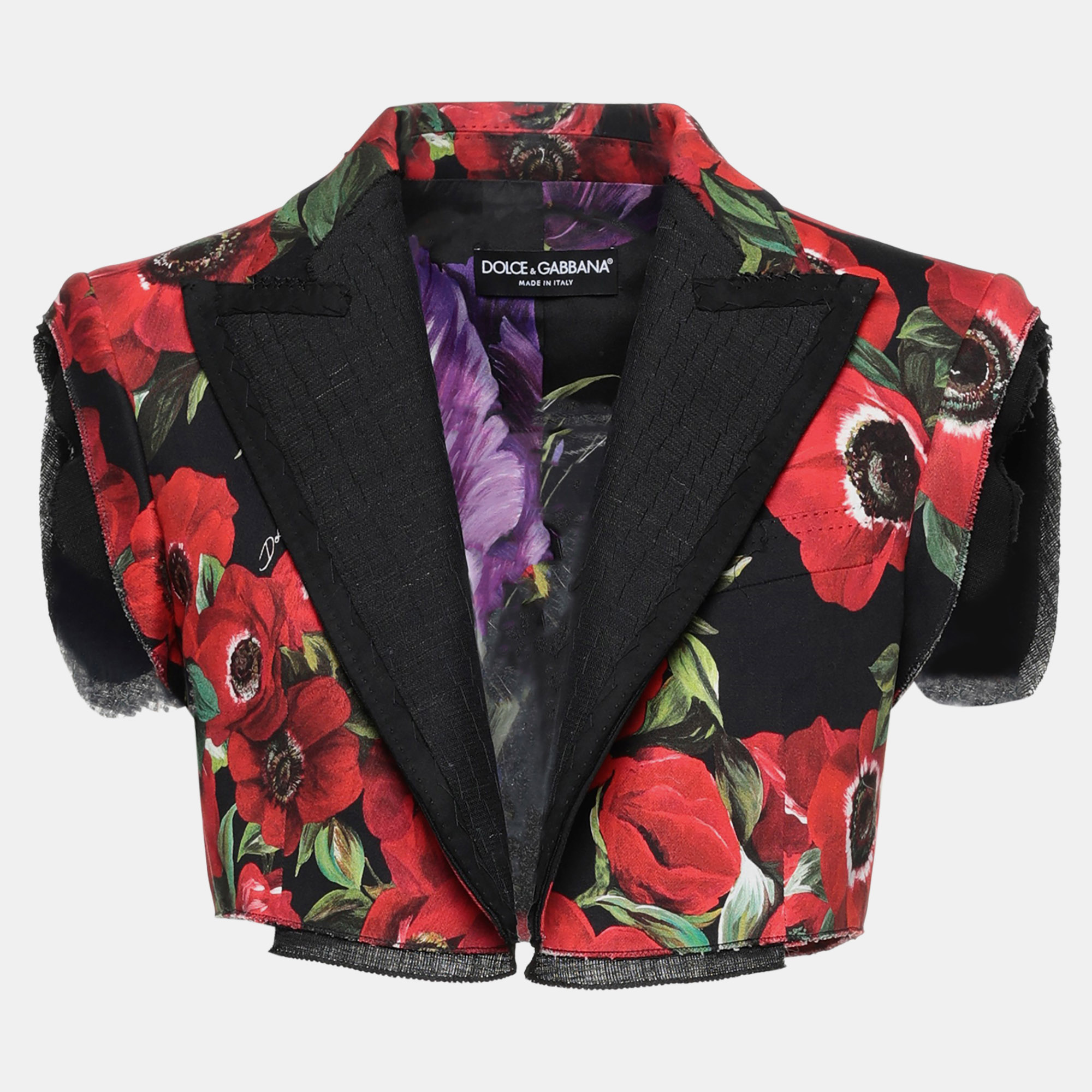Pre-owned Dolce & Gabbana Red Floral Print Cotton Cropped Jacket Xs (it 36)
