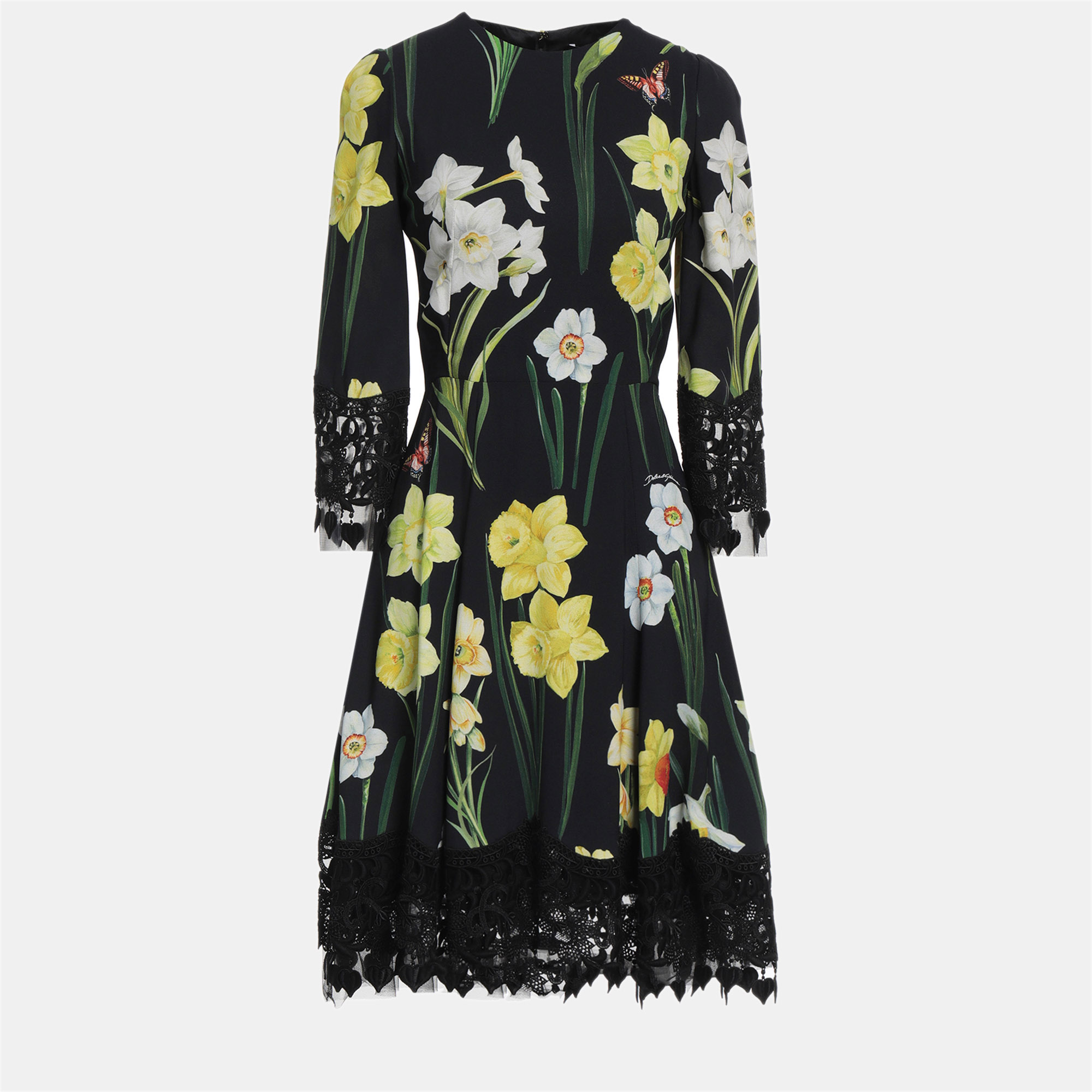 Pre-owned Dolce & Gabbana Black Floral Print Crepe Midi Dress Xxs (it 36)