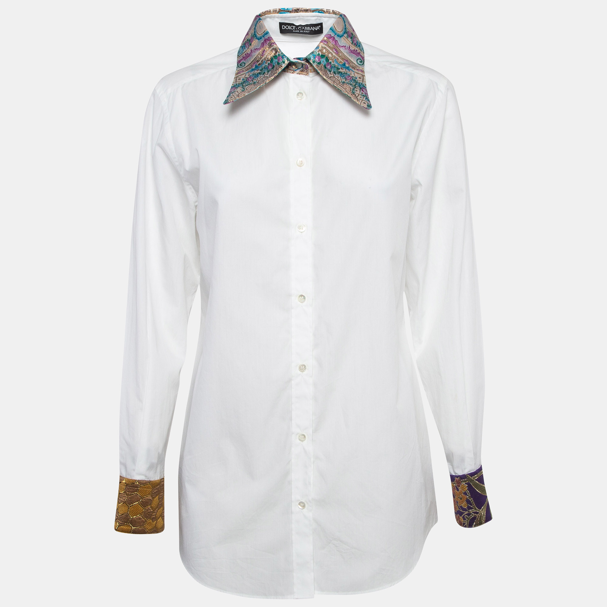 

Dolce & Gabbana White Jacquard Trim Cotton Poplin Long Sleeve Shirt S