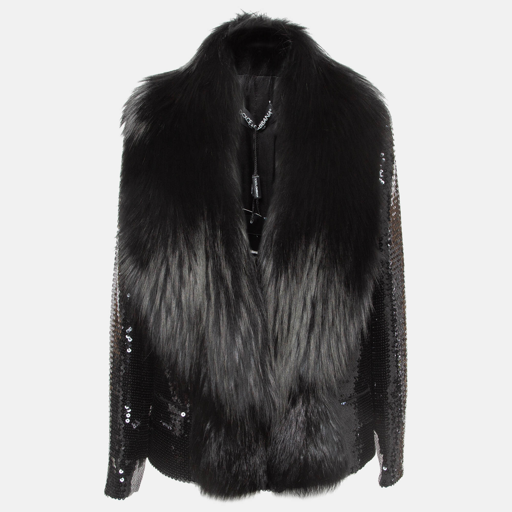 Pre-owned Dolce & Gabbana Black Sequin Paillette Fox Fur Collar Jacket M