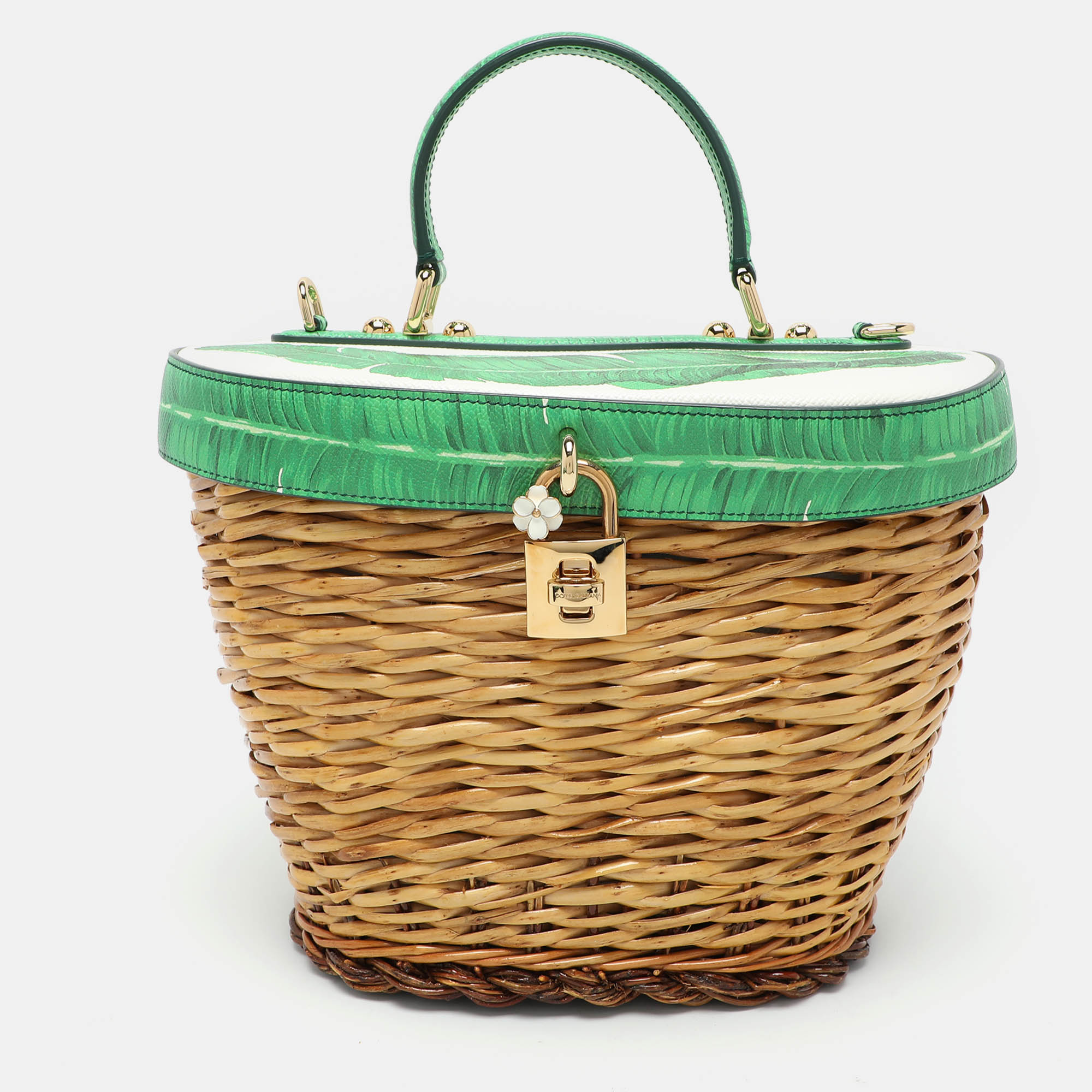 

Dolce & Gabbana Multicolor Banana Leaf Print Leather and Wicker Basket Top Handle Bag