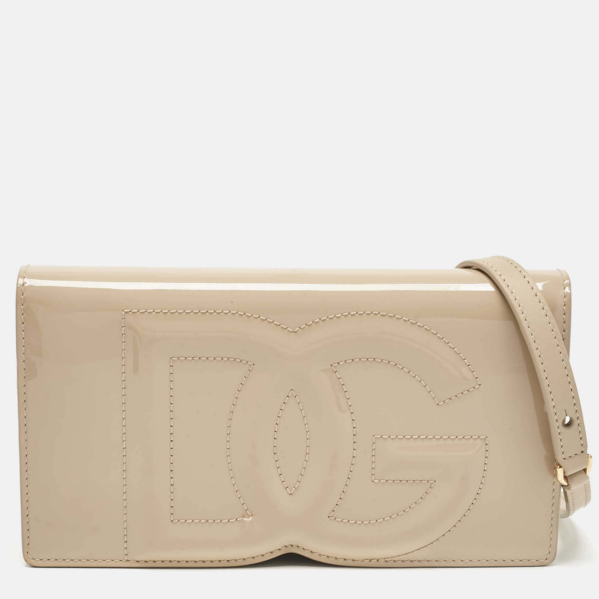 

Dolce & Gabbana Beige Patent Leather DG Logo Embossed Clutch Bag