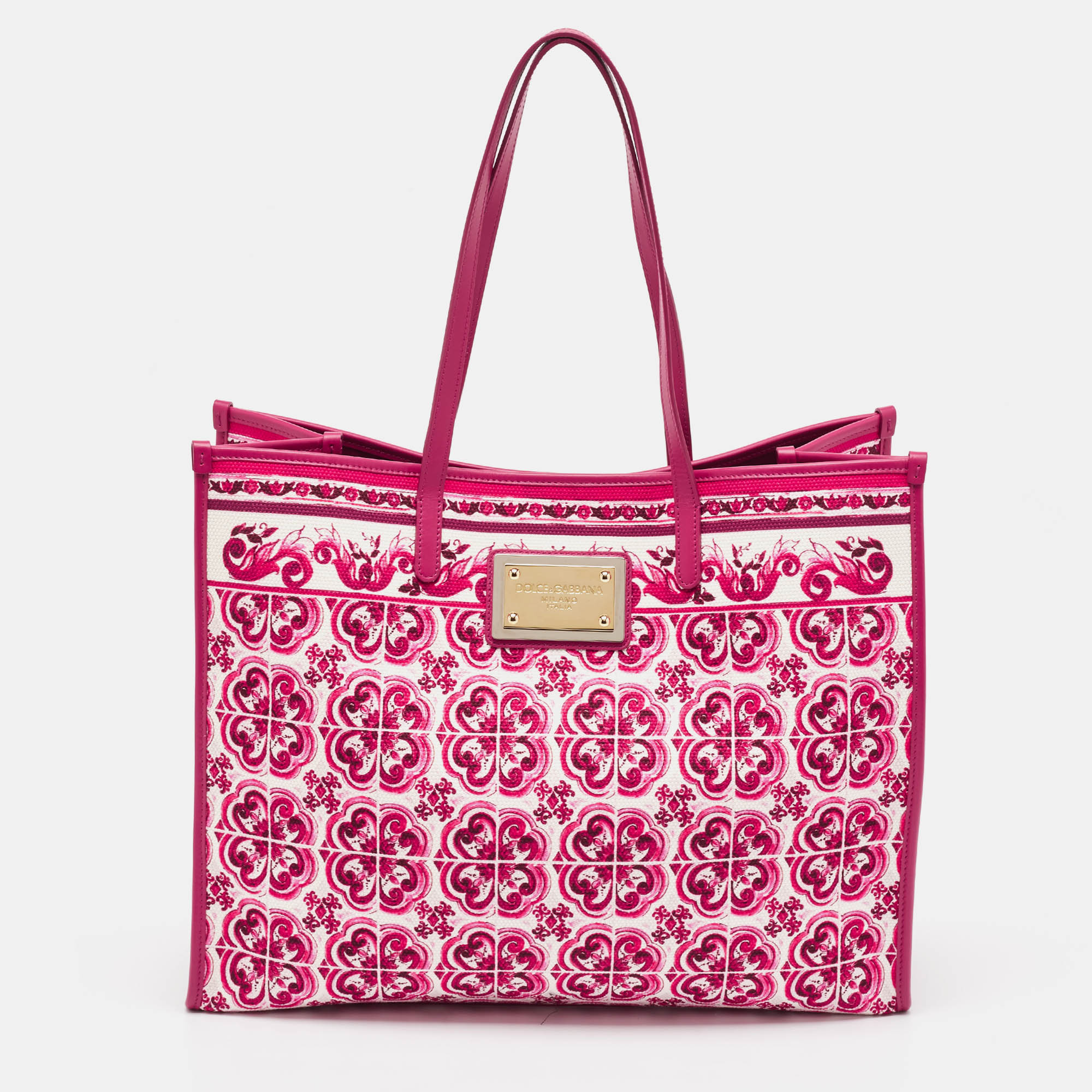 Pre-owned Dolce & Gabbana Fuchsia Majolica Print Canvas Large Shopper Tote In Pink