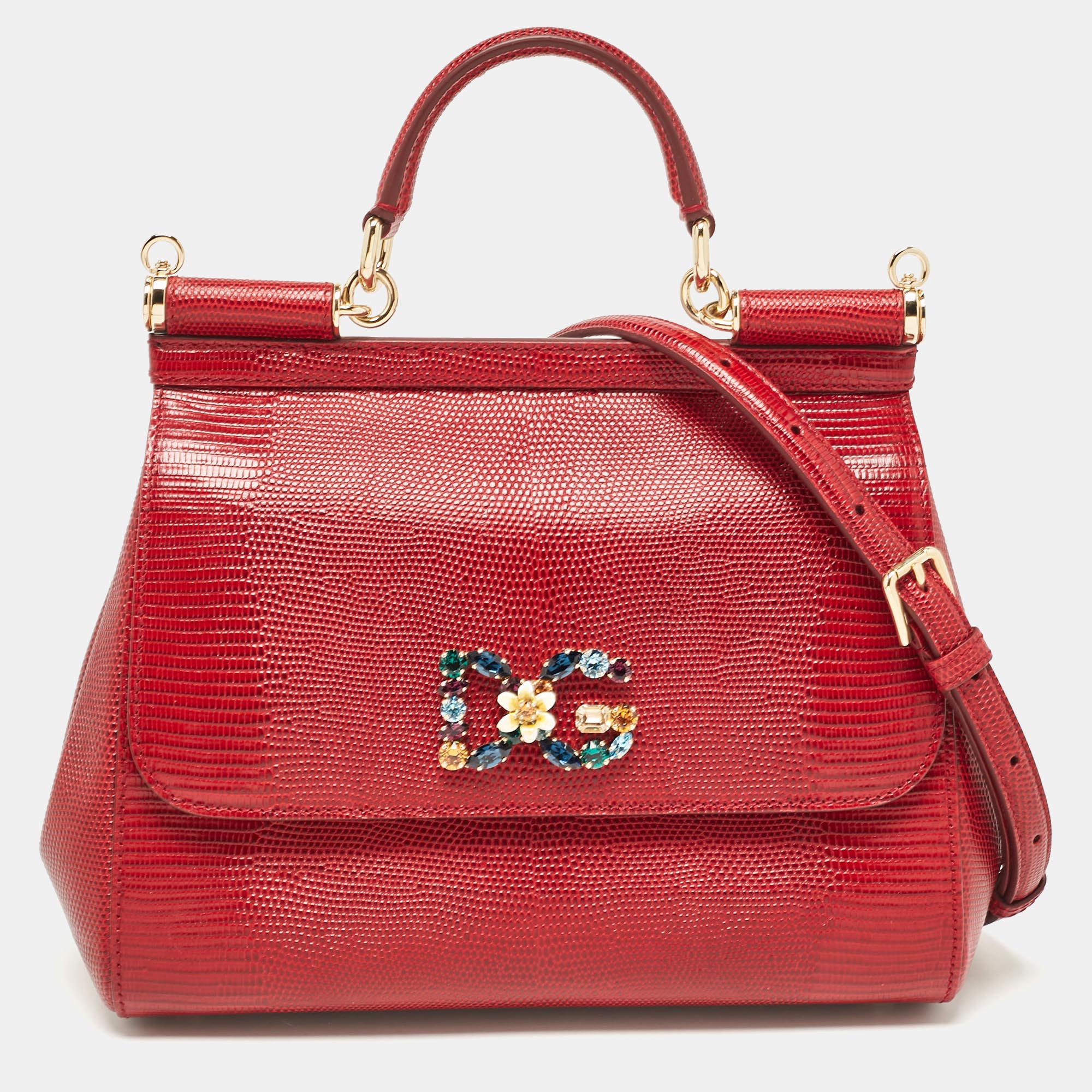 

Dolce & Gabbana Red Lizard Embossed Leather  Miss Sicily Top Handle Bag