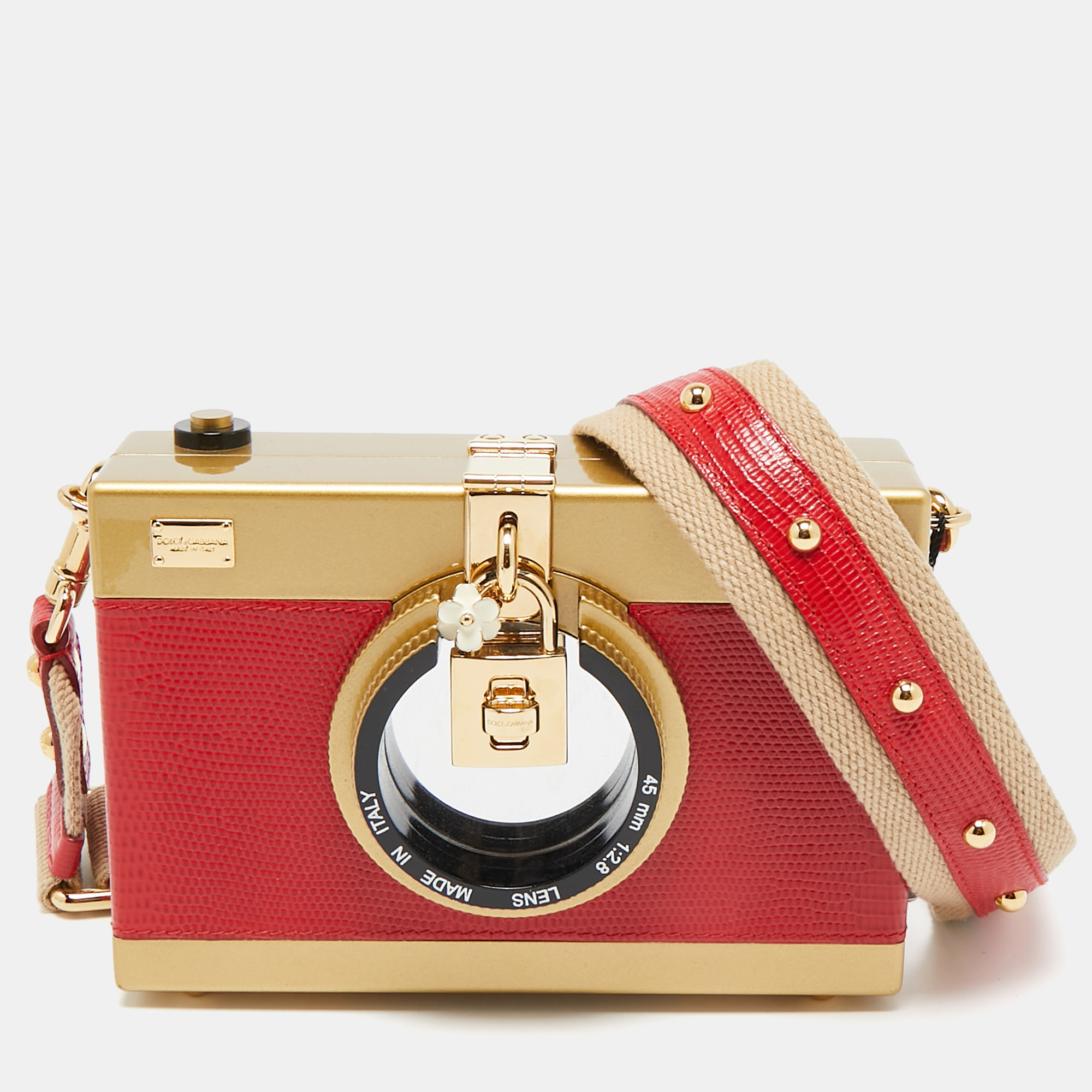 

Dolce & Gabbana Red/Gold Acrylic and Lizard Embossed Leather Camera Case Crossbody Bag