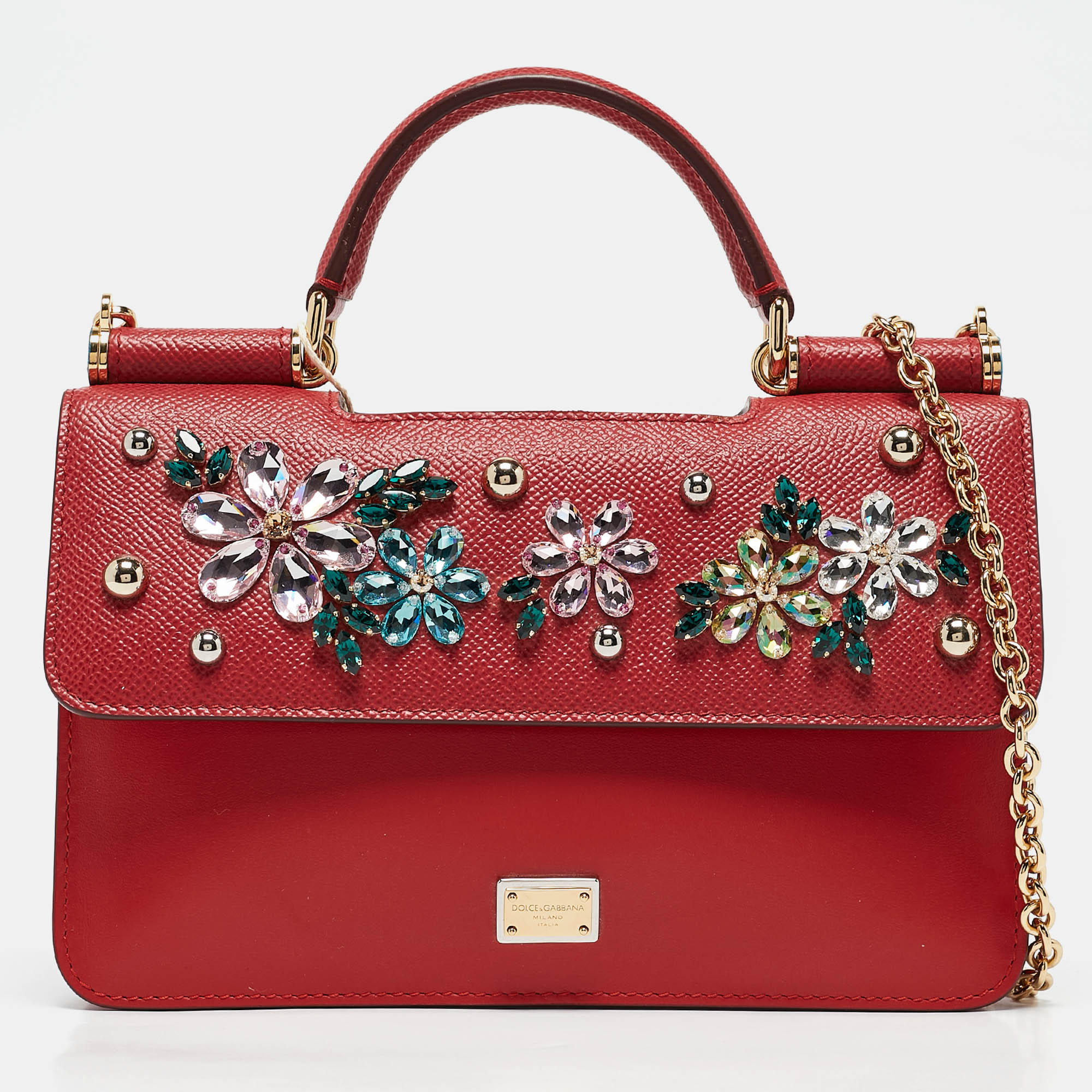 

Dolce & Gabbana Red Leather Mini Crystals Sicily Double Flap Bag