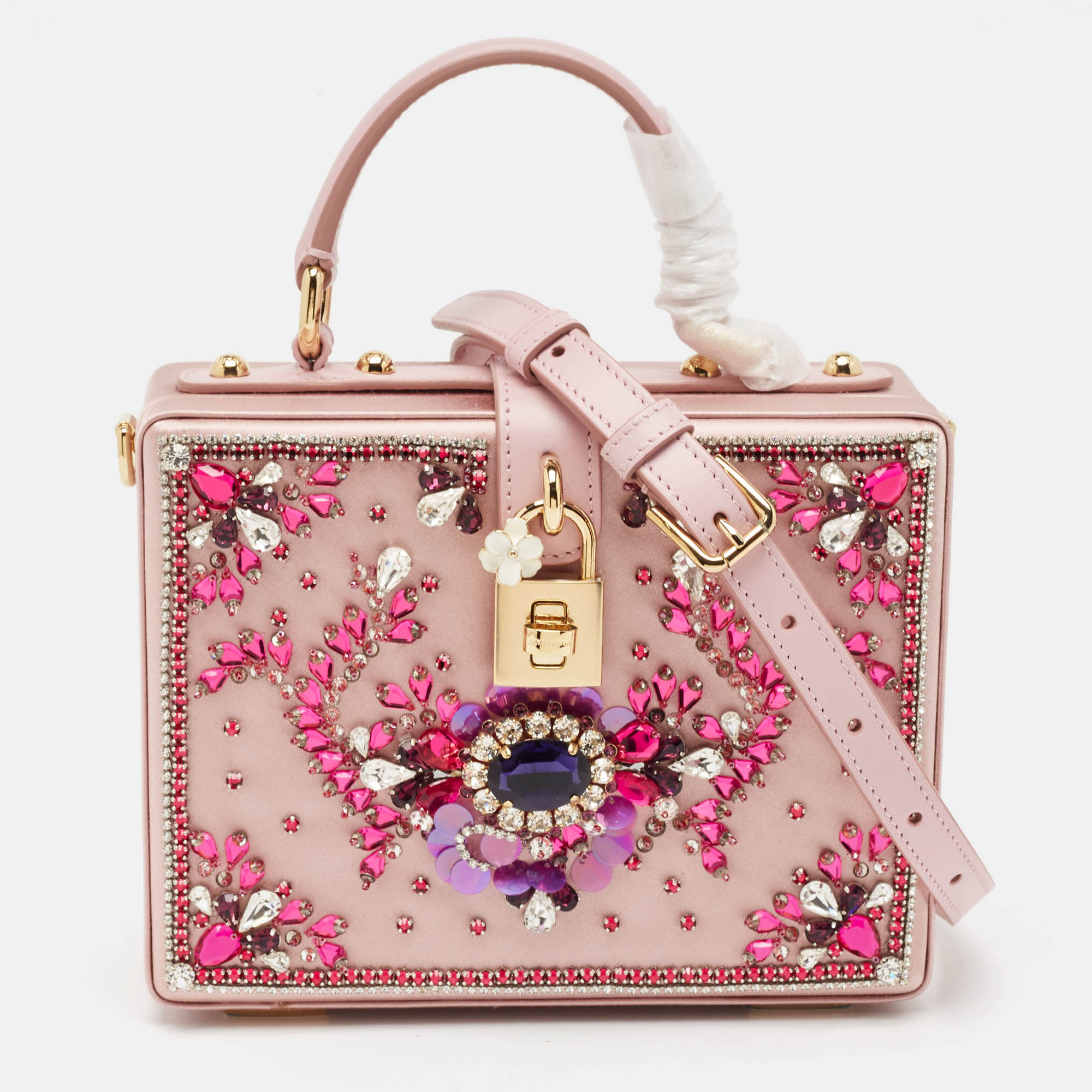 

Dolce & Gabbana Pink Satin and Leather Crystals Embellished Dolce Box Bag