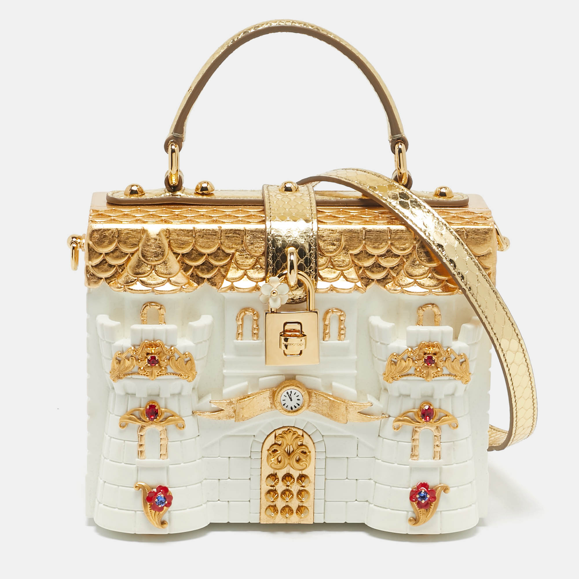 

Dolce & Gabbana Gold/White Acrylic and Snakeskin Castle Dolce Box Top Handle Bag