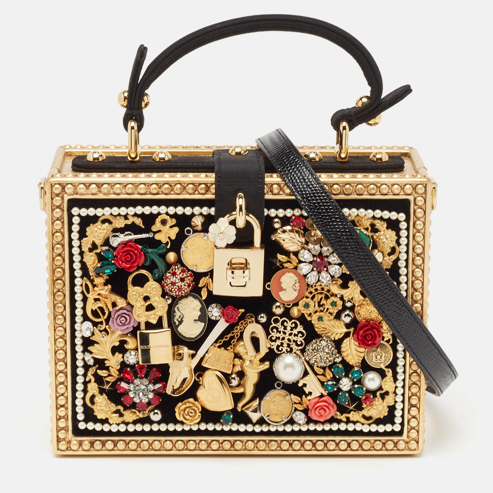 

Dolce & Gabbana Gold/Black Acrylic and Fabric Embellished Dolce Box Top Handle Bag