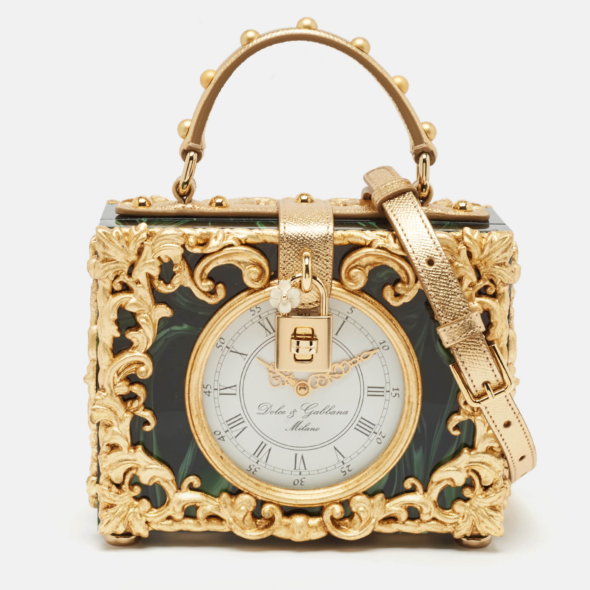 

Dolce & Gabbana Gold/Green Acrylic and Leather Orologio Barocco Dolce Box Bag