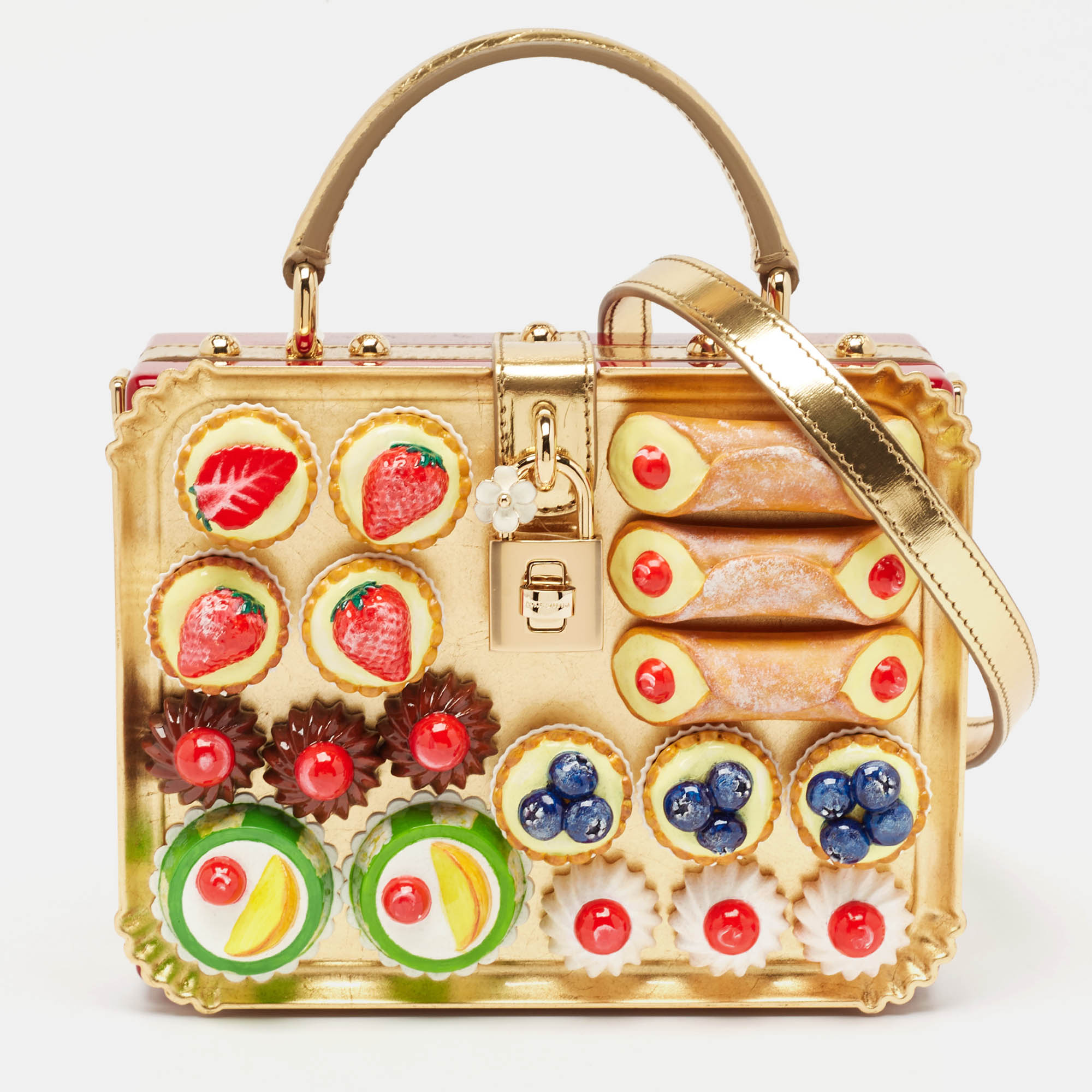 

Dolce & Gabbana Red/Gold Acrylic and Patent Leather Dessert Embellished Dolce Box Bag