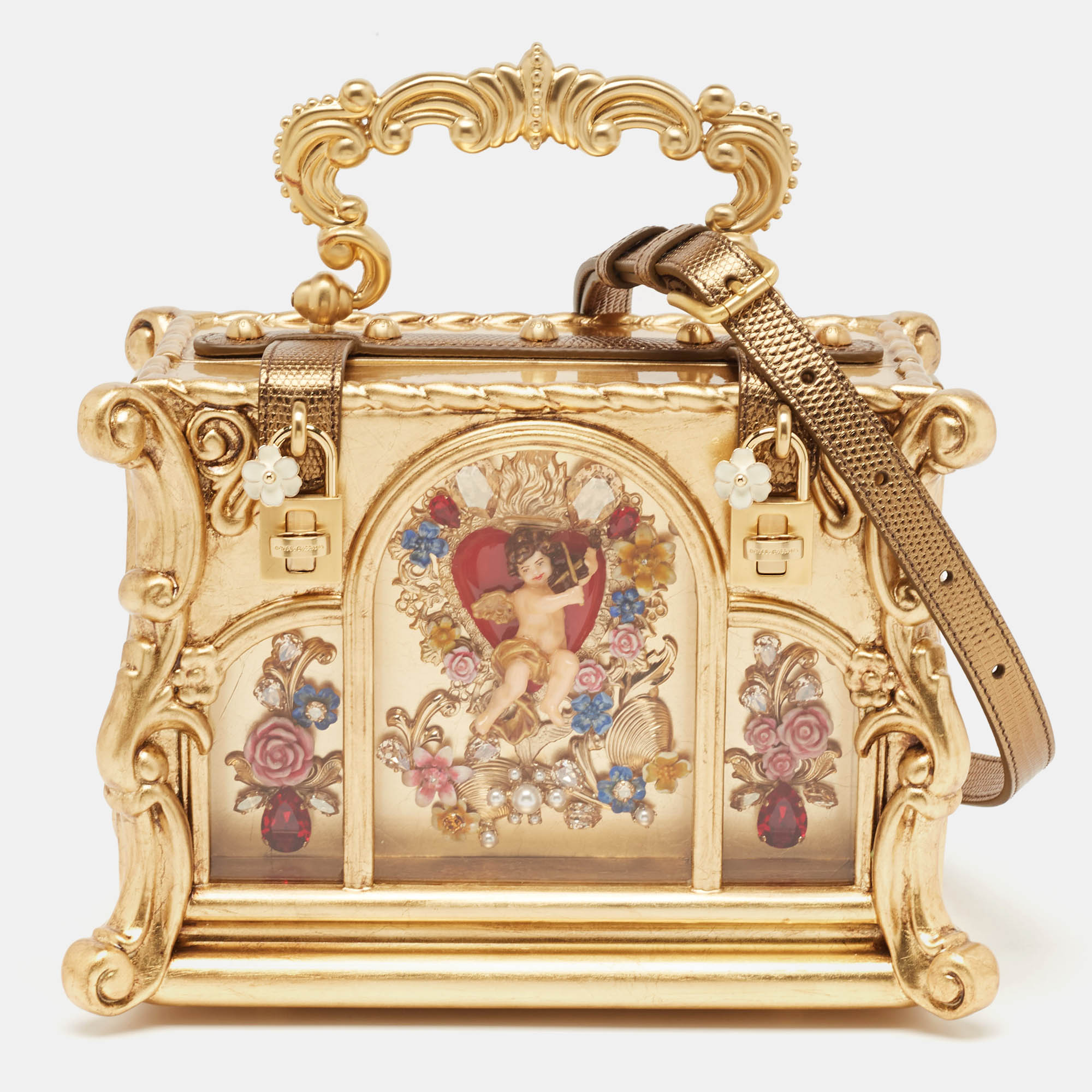 

Dolce & Gabbana Gold Wood Angel Cherub Box Top Handle Bag