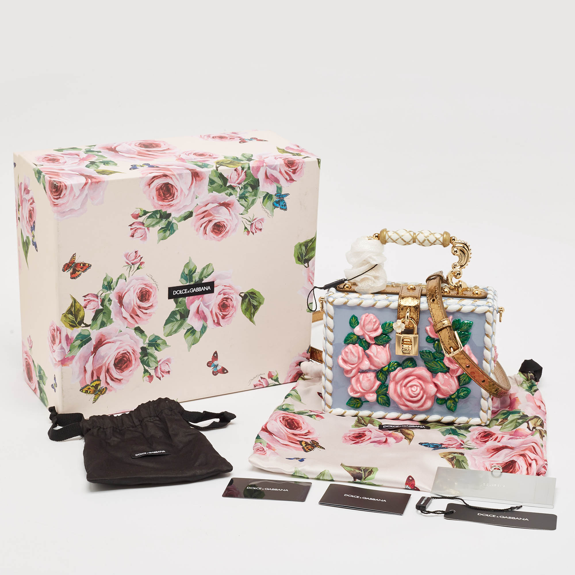 Dolce & Gabbana Multicolor Leather and Snakeskin Floral Dolce Box Top Handle Bag 